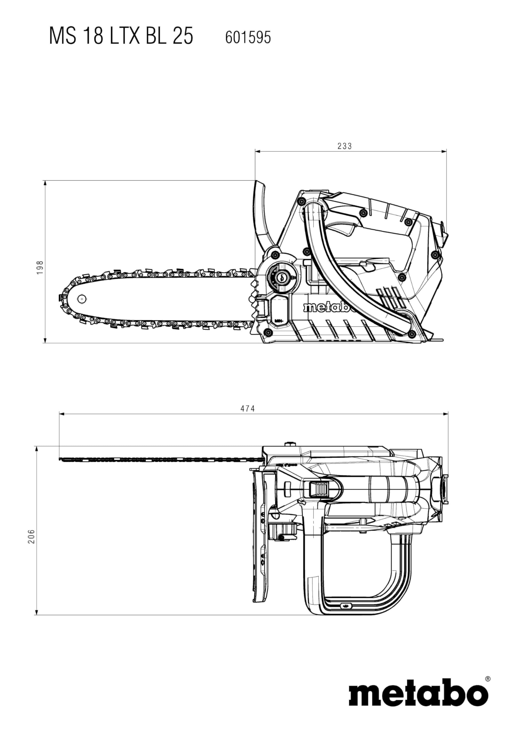 metabo Akku‑Kettensäge MS 18 LTX BL 25-18V, CAS, 25cm Oregon SpeedCut Nano - Brushless, Sicherheitsschalter, Kettenschnellstopp, leichte und kompakte Motorsäge für Baumpflege - Ohne Akku & Ladegerät