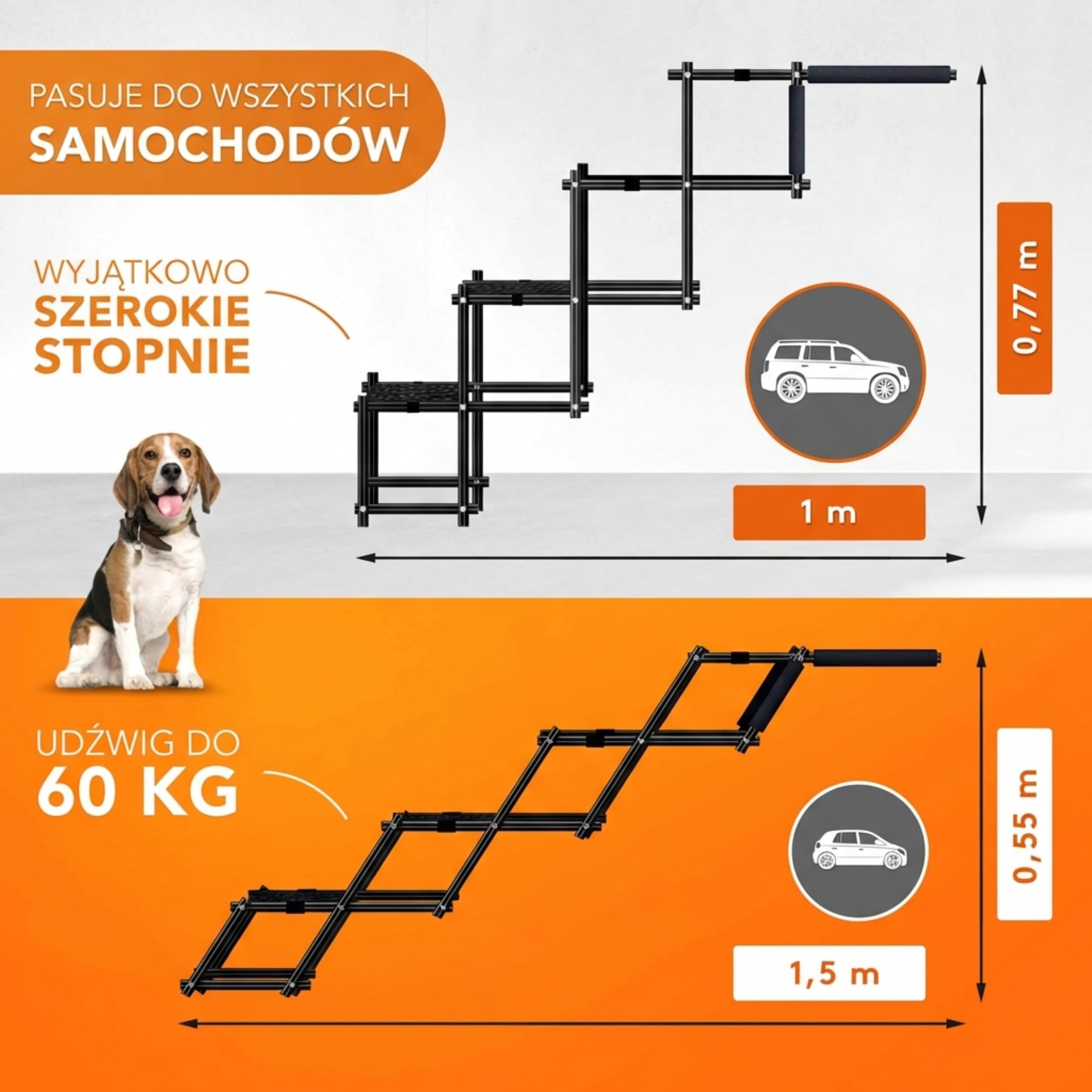 Samochodowa rampa dla pies (do 60 kg), chroniąca stawy, składana rampa do wchodzenia do samochodu, nadaje się do wszystkich modeli