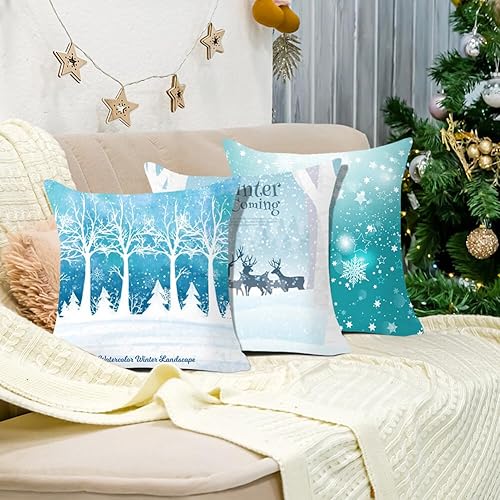 Miniatura 5 de EUBUY Juego de 4 fundas de almohada decorativas de Navidad de 18 x 18 pulgadas, fundas cuadradas de almohada de la serie Blue Snow de Feliz Navidad,