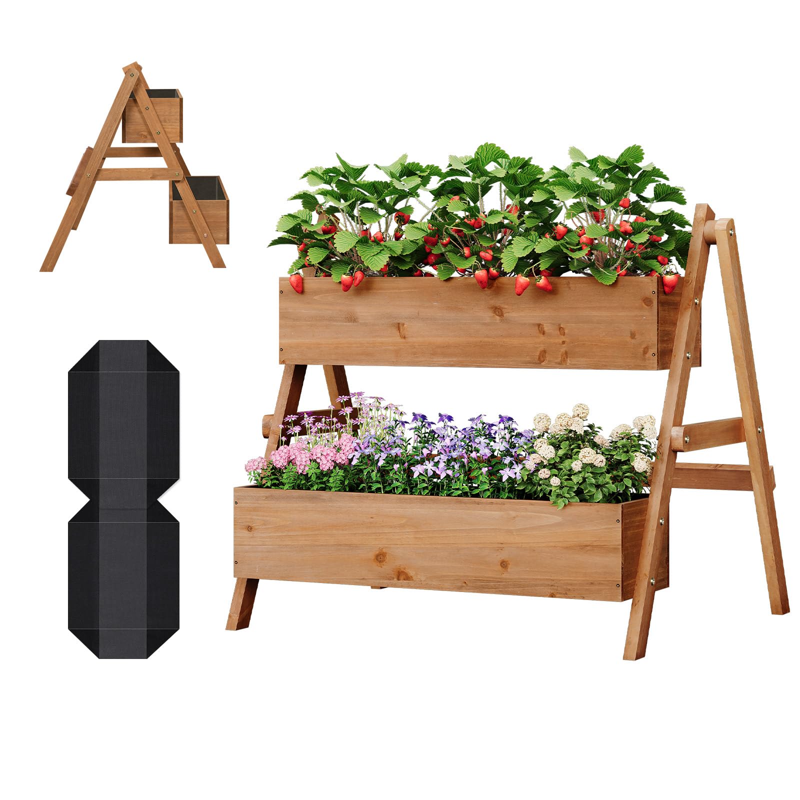WOLTU Huerto Urbano Vertical de 2 Niveles, Jardineras Exteriores, Huerto Elevado con Estanterías para Verduras, Frutas y Flores, Maceta Madera de Plantas en Escalera, 80x62x68 cm, Marrón