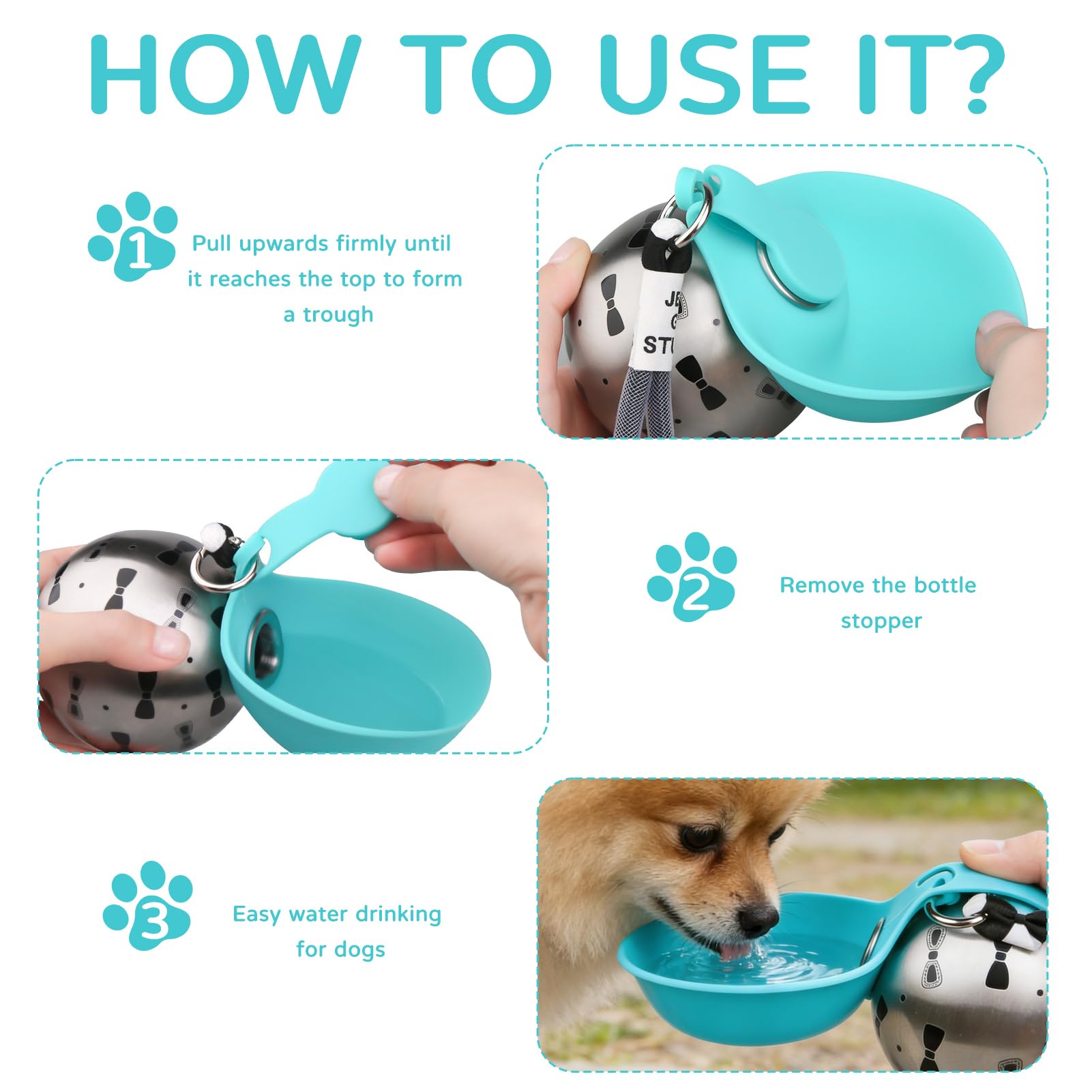 Botella para perros para viajes, 285 ml, de acero inoxidable, botella de agua con cuenco, para perros, portátil, de viaje, a prueba de fugas, botella compacta para perros para viajes (D) — view 6