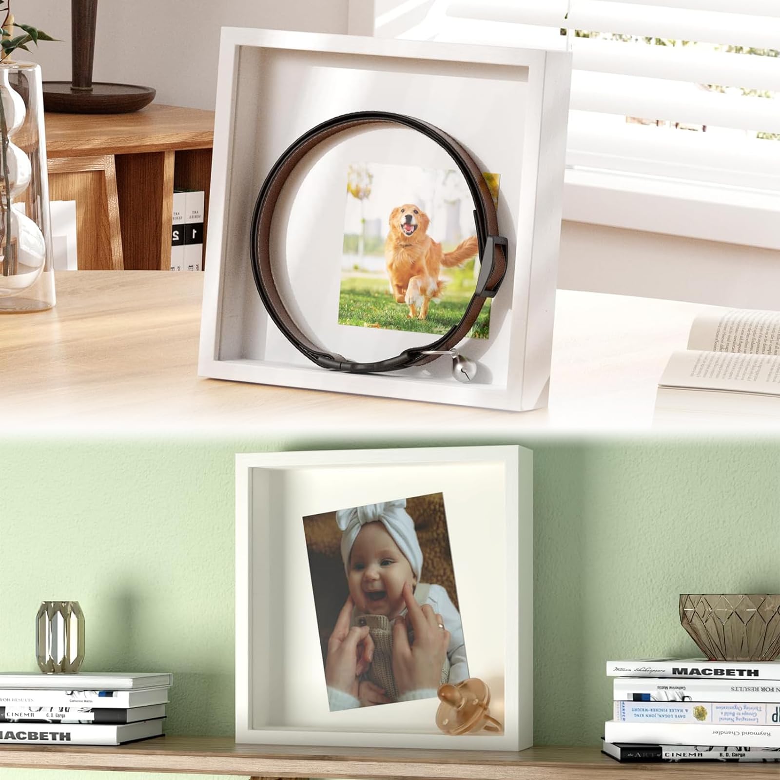 Cornice Portafoto 3D 20x20 Cm, 2 Pezzi, In Legno Bianco Con Profondità 3 Cm E Pannello Acrilico, Per Fiori Secchi E Ricordi