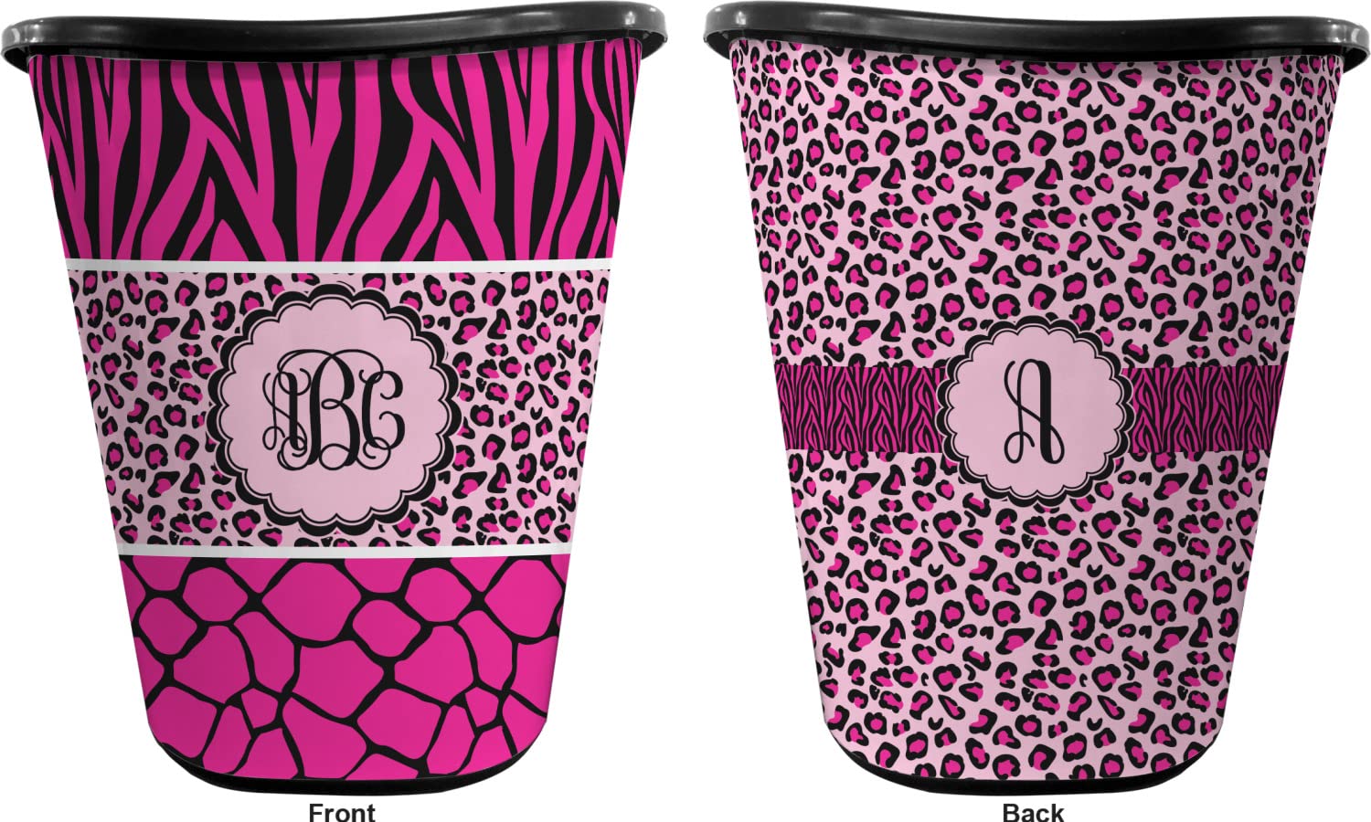 RNK Shops Personalized Triple Animal Print Waste Basket - Double Sided (Black)