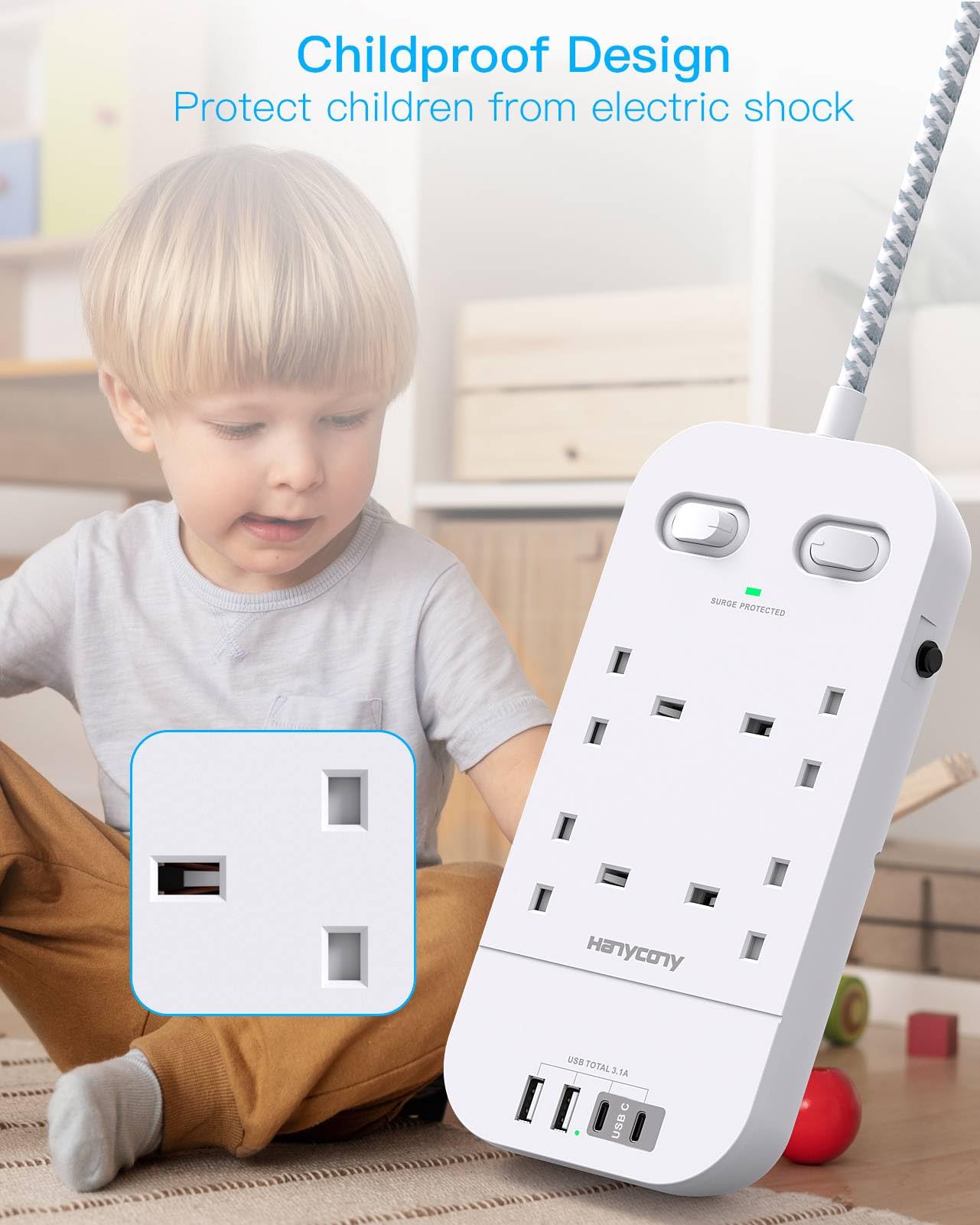 4 Way Surge Protected Extension Lead with USB Slots – Multi Plug Power Strip Extension Cable with Double Switches, Plug Extension Socket 1.8M Braided Extension Cord for Home Office Accessories — view 7
