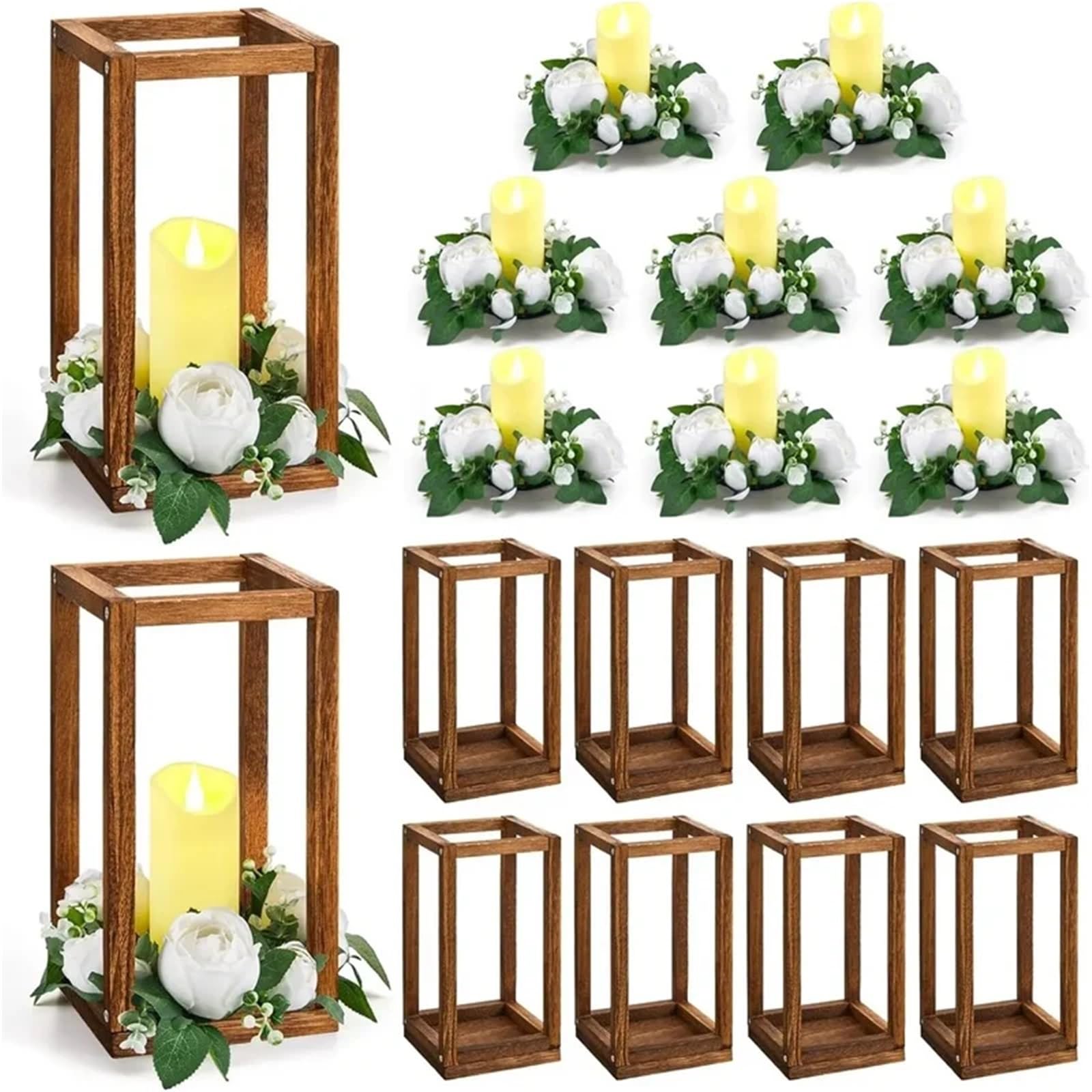 Portavelas Decor Faroles de Madera eucalipto, centros Mesa, candelabros, Rosas, decoración Decorativa for Fiestas(White Flower)