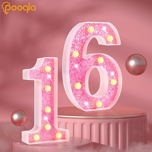 Miniatura 4 de Pooqla Números de marquesina, números iluminados con pilas, números iluminados con purpurina para fiesta de cumpleaños, números LED brillantes para
