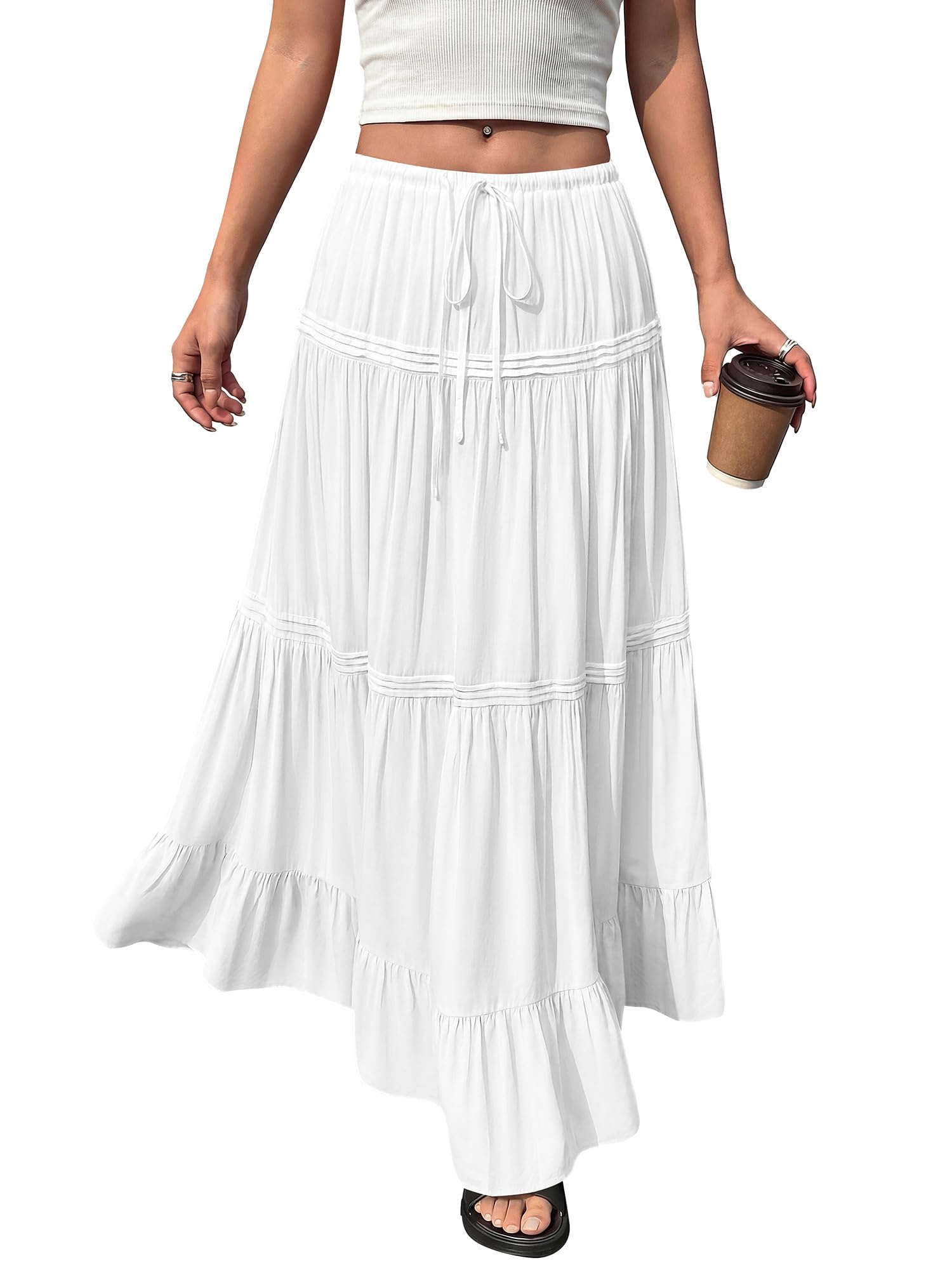 BTFBM Spring Skirts for Women 2026 Summer Boho Beach Vacation Clothes Casual Pleated High Waisted Flowy Maxi Skirt