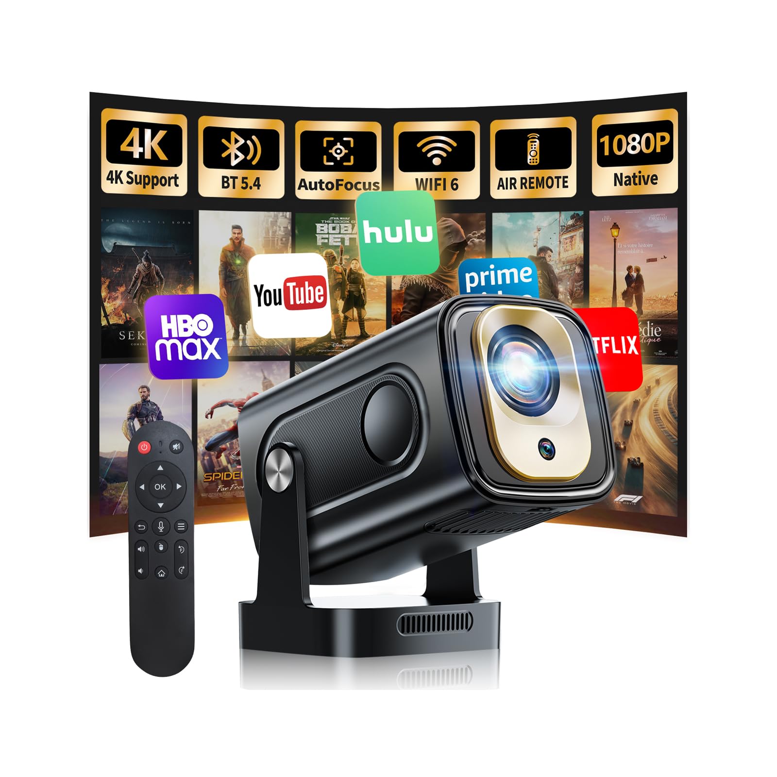 [App integrata] Mini Proiettore 1080P FHD, 2025 Proiettore 4K Supporta Proiettore Portatile WiFi 6 Bluetooth 5.4 Auto Keystone, HDMI/Phone/USB/TV Stick/Laptop, con Cavo HDMI & Mouse nero