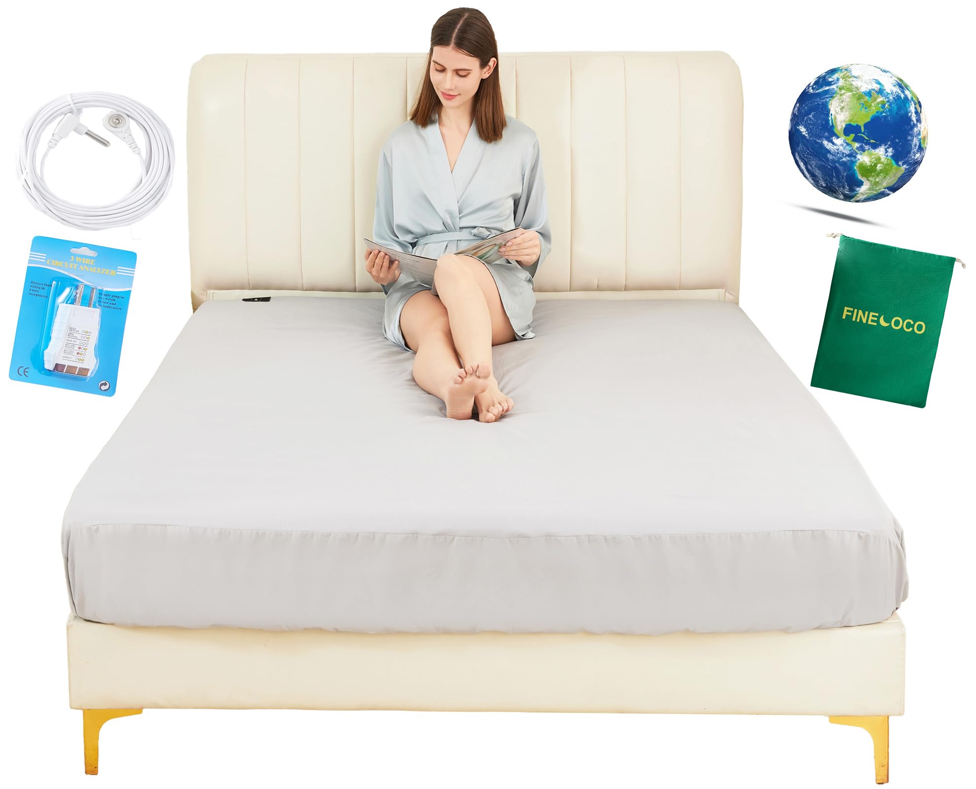 Grounding Fitted Sheets 5% Pure Silver Fiber and 95% Cotton Earth Grounded Well Bed Sheets for Improved Sleep Reduced Stress Anxiety(Gray, King)