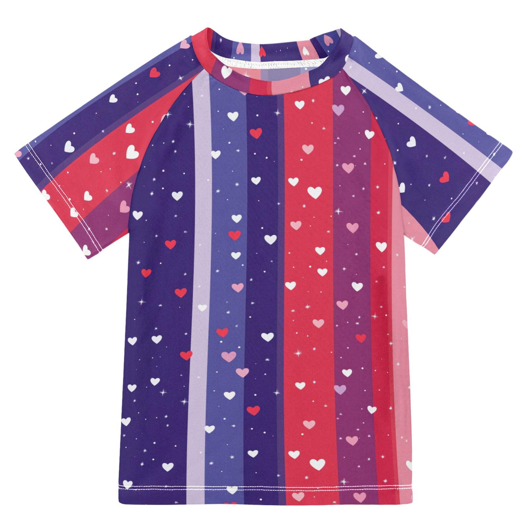 Purple Hearts Stripes Kids Bathing Suits Girls UV Protection Swimwear Beach Tops 3T