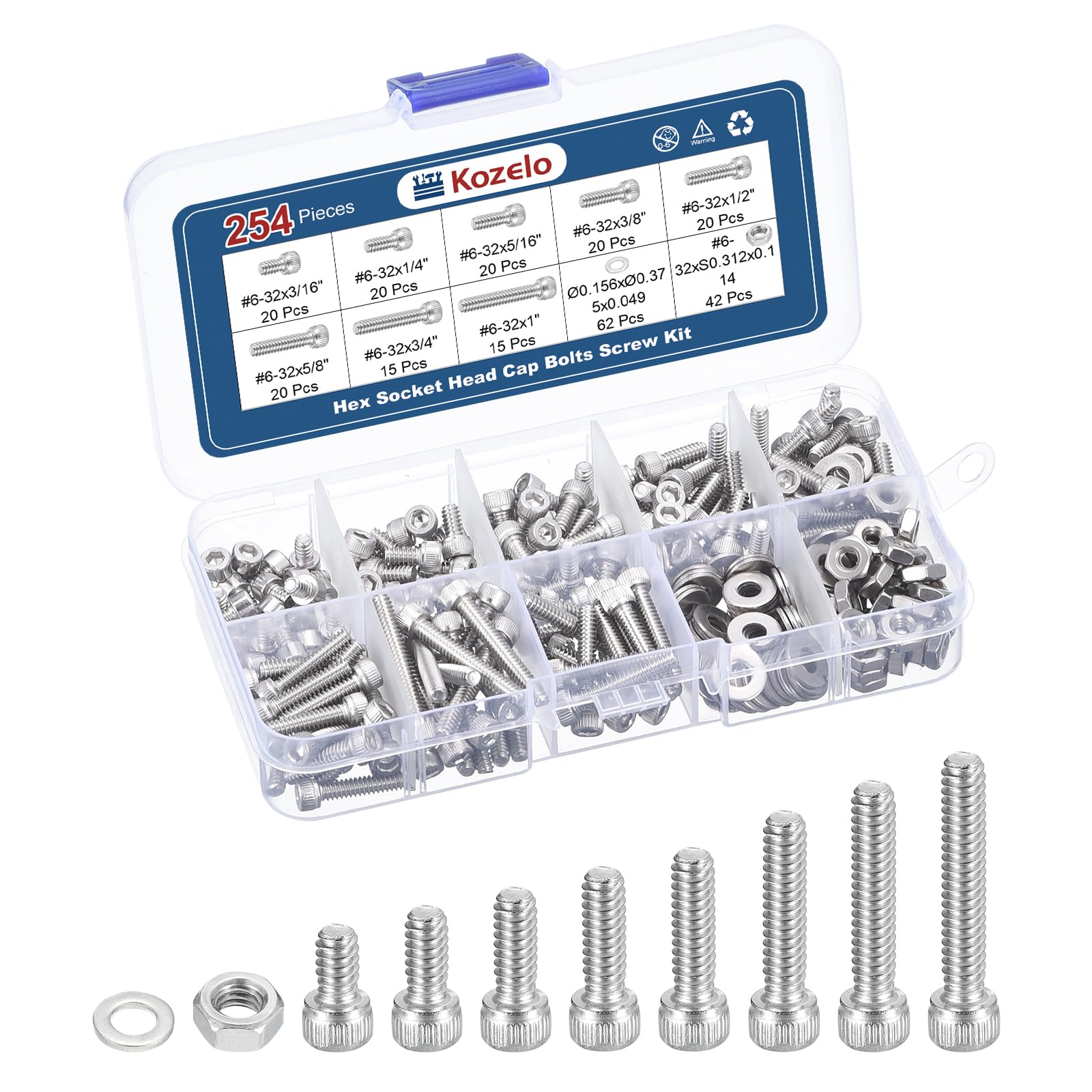 Kozelo 252pcs #6-32 Socket Head Cap Screws Bolts Nuts Assortment Kit - [3/16" to 1"] 304 Stainless Steel Allen Socket Drive for 3D Printer — image 1