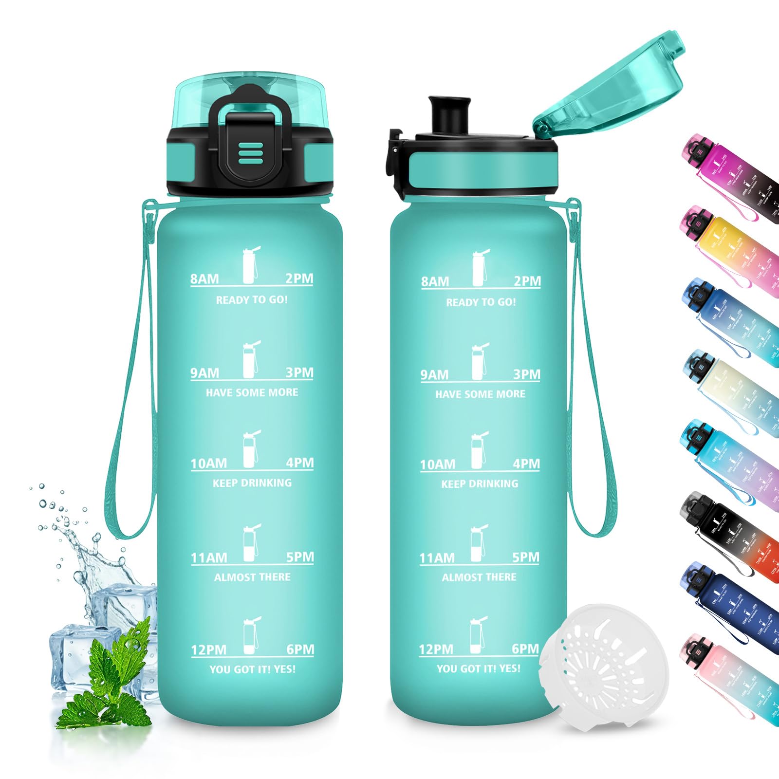 JAPORIA 1L Water Bottle with BPA Free Filter, Motivation Water Bottle with Time Marker, Leakproof and Reusable, Reusable Bottle for School, Sport, Office, Camping