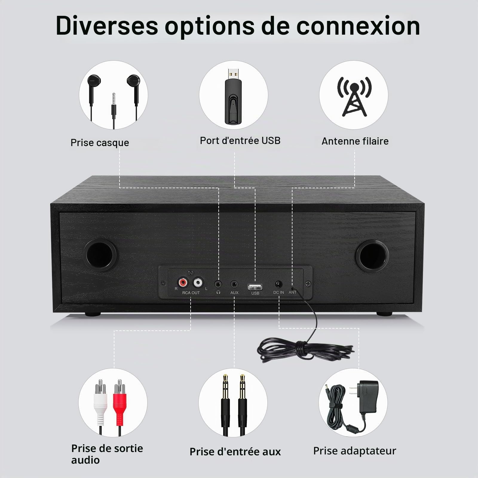 Chaîne HiFi Stéréo CD, Micro Chaîne Hi-FI Bluetooth Radio FM, Entrée Auxiliaire 3.5mm, Lecture USB, Prise Casque Arrière, Mini Chaîne Hi-FI 2x20W, Systèmes Stéréo, Lecteur CD MP3 avec Sortie Audio