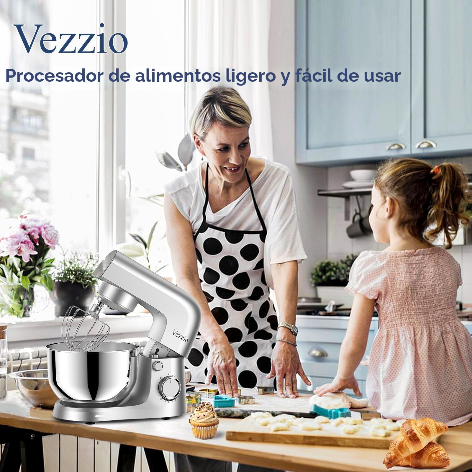 Vezzio Batidora Amasadora,1500W|4.5 L Amasadora de Pan Para Repostería,Bol de Acero inoxidable de Amasador,Batidor,Varillas y Protección Para Salpicaduras 10 Velocidades Repostería Profesional