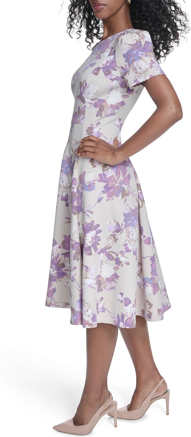Calvin Klein Women's Short Sleeve Round Neck Knee Length Crepe A-Line Dress - Image 4