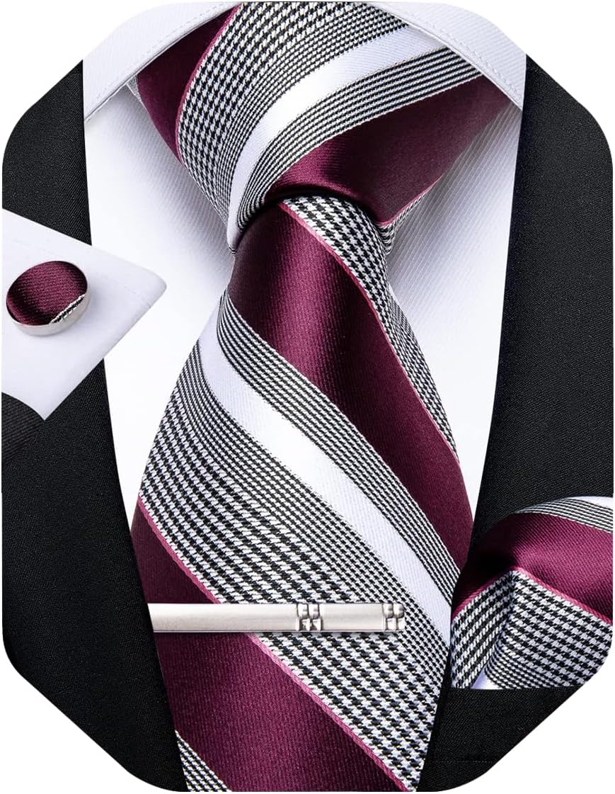 Mens Striped Tie Silk Woven Necktie and Pocket Square Cufflinks Tie Clip Set Wedding Business Formal Gift Tie for Men