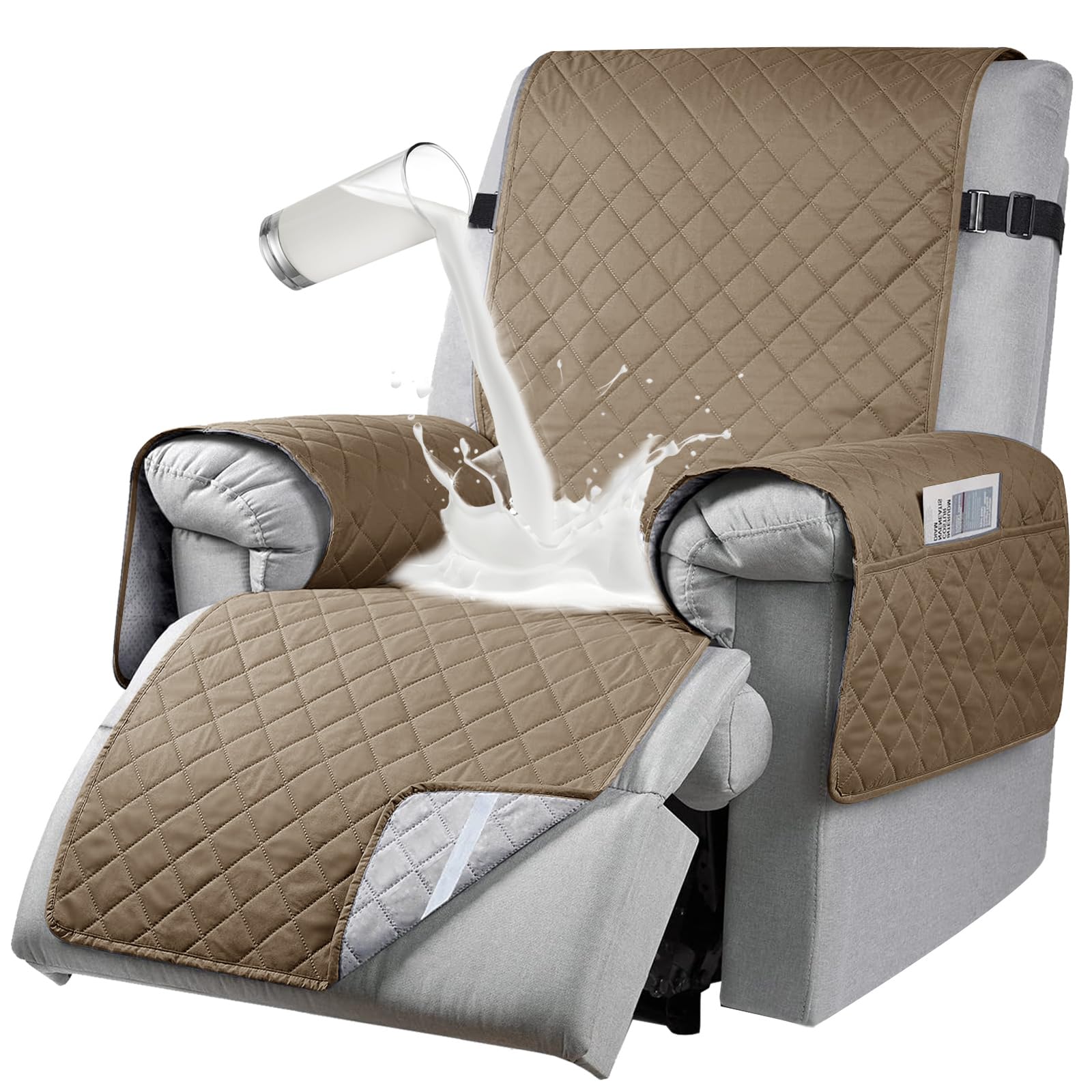 Recliner Sofa Cover with 6 Side Pockets, Waterproof 1 Seats Recliner Chair Cover with Adjustable Tightening Straps, Recliner Chair Slipcover for Armchairs, Non-slip Recliner Protect Cover for Pets