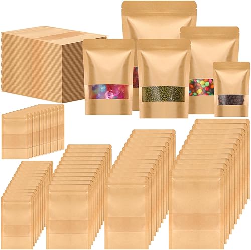 Qilery 320 bolsas de papel kraft con ventana resellables, bolsas de papel con cierre de cremallera, juegos de recipientes para té, café, alimentos,