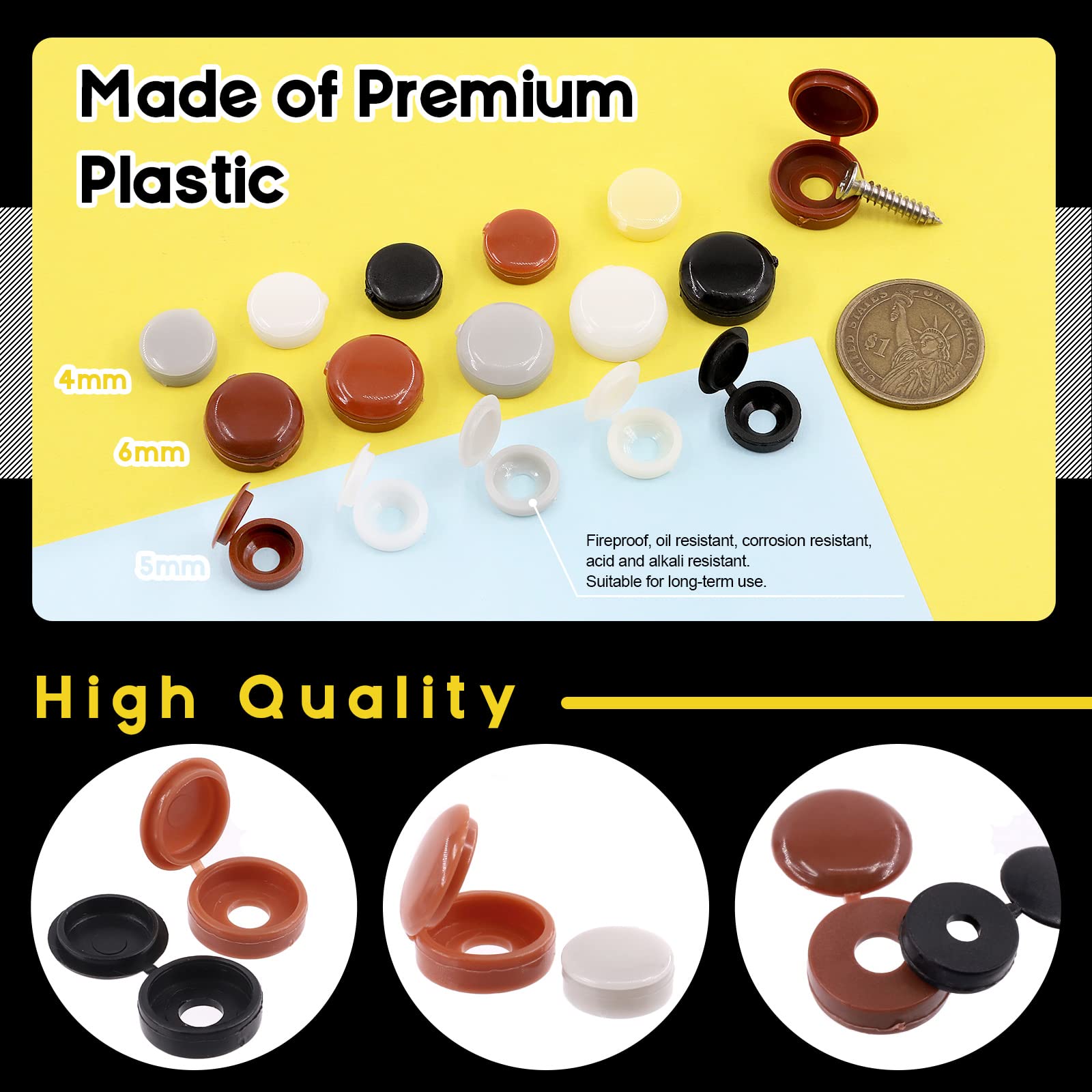 Mardatt 300Pcs Plastic Screw Cover Caps, 4/5/6mm Hinged Snap Covers Washer Flip Tops, Color Assortment Set (Black, White - Image 4