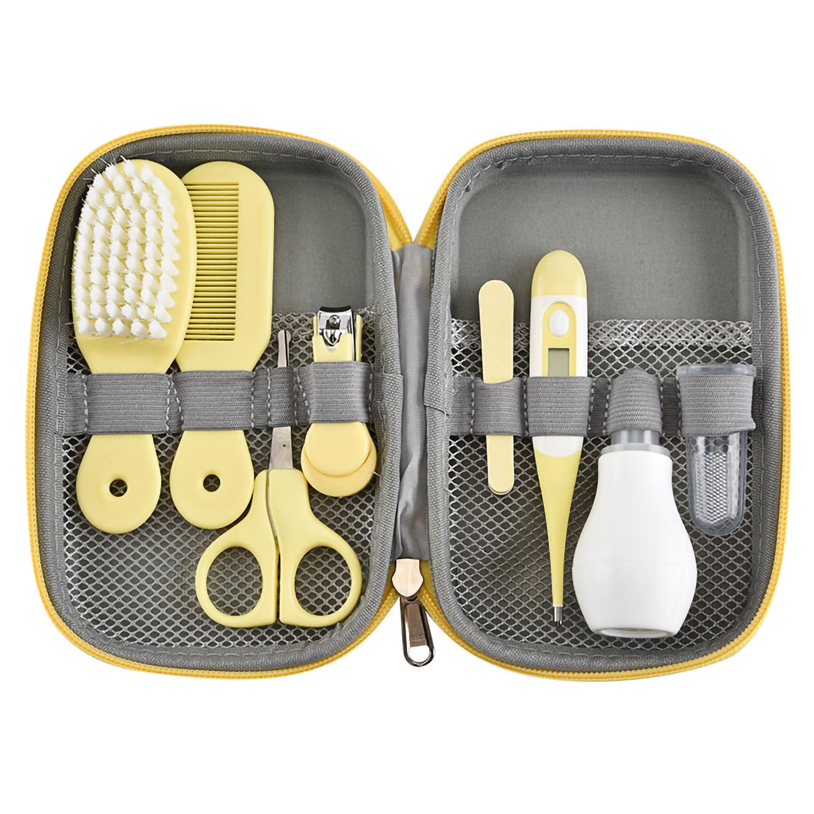 Baby-Pflegeset, tragbares Sicherheitspflegeset mit Haarbürste, Nagelknipser, Nasenreiniger, Fingerzahnbürste, Schere, Neugeborenenpflege für und Mädchen (Gelb)