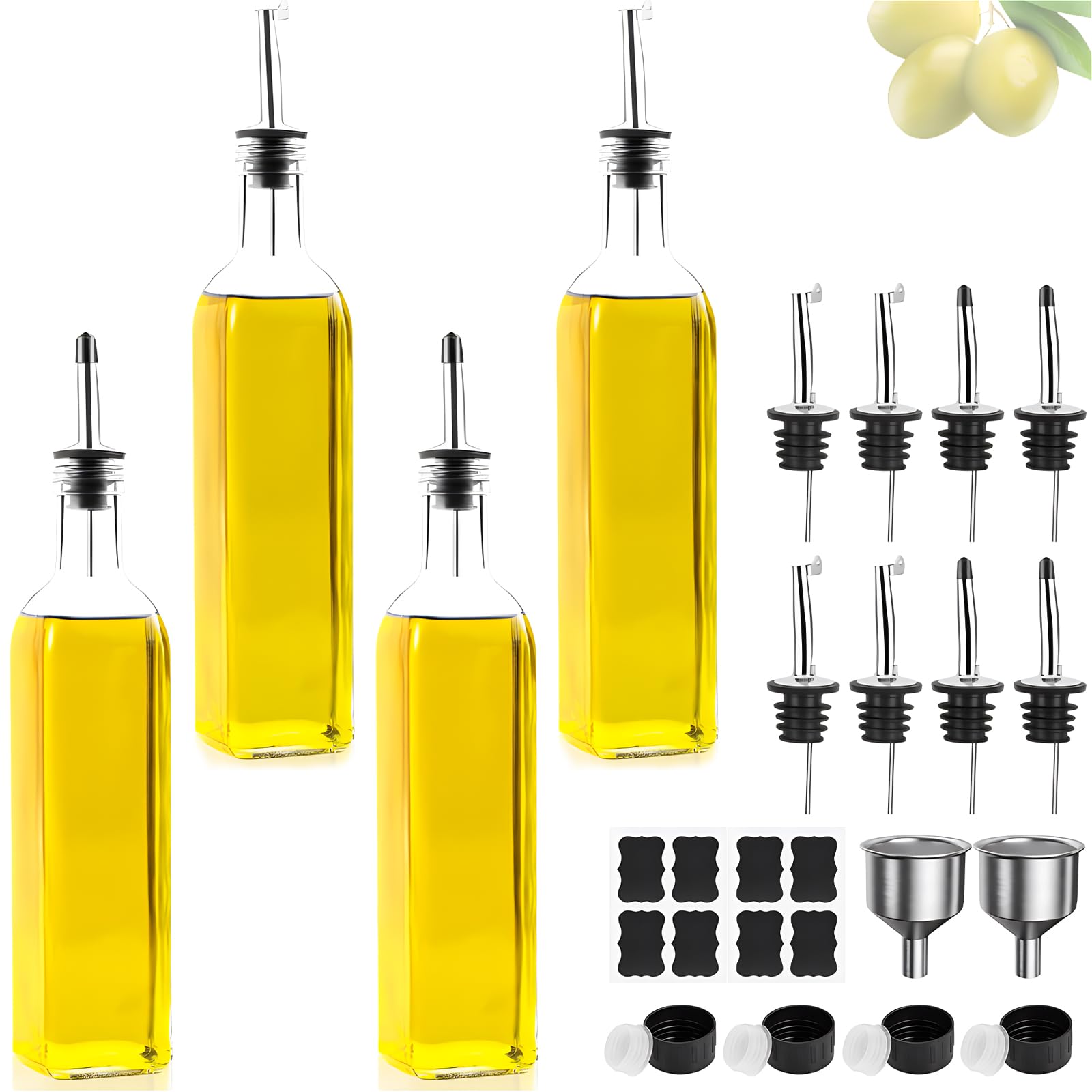 Ölflasche, 2 x 500 ml Essig und Ölspender, Olivenölflasche mit Trichter, Anlaufgeschütztem Deckel, Etikett, Glasflasche für Küche und BBQ