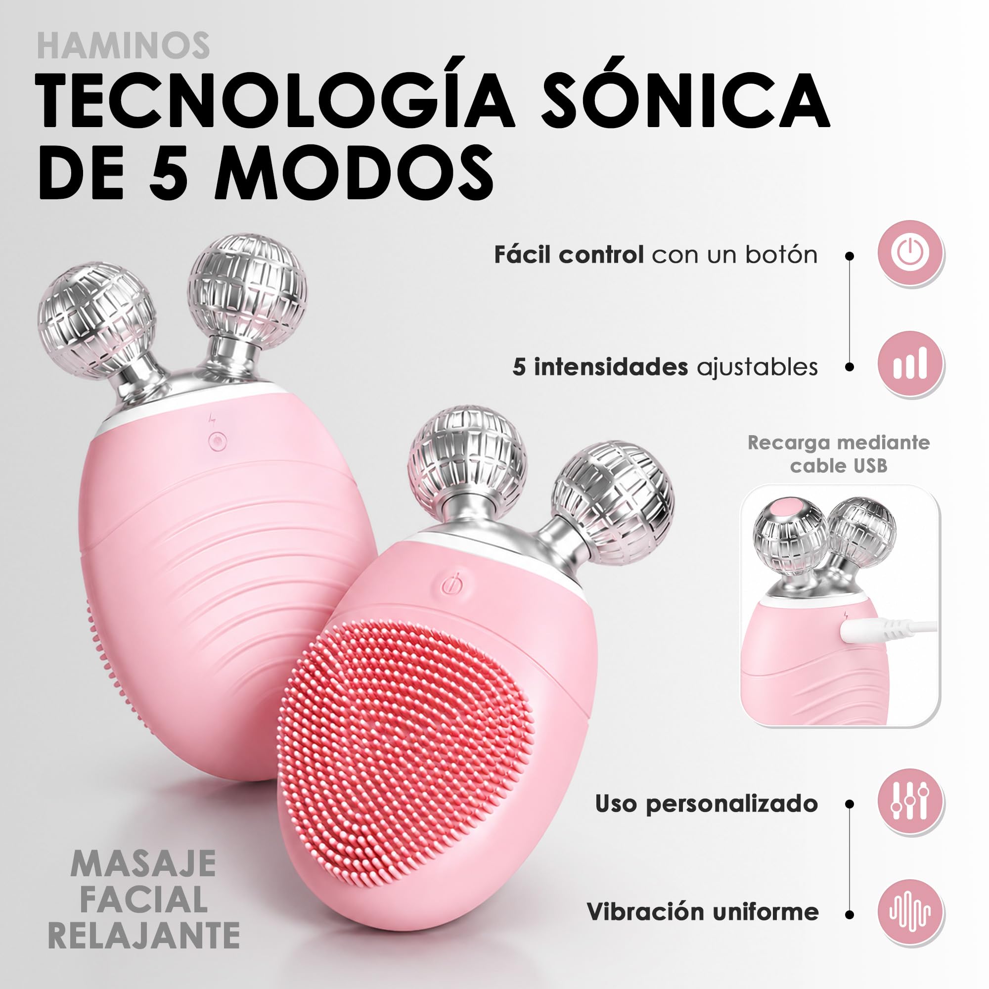 HAMINOS Cepillo Limpiador Facial Eléctrico 3 en 1, Masajeador Facial de Silicona con V-Roller, 5 Modos Sónicos, Impermeable Recargable, para Limpieza Facial, Lifting y Cuidado de la Piel