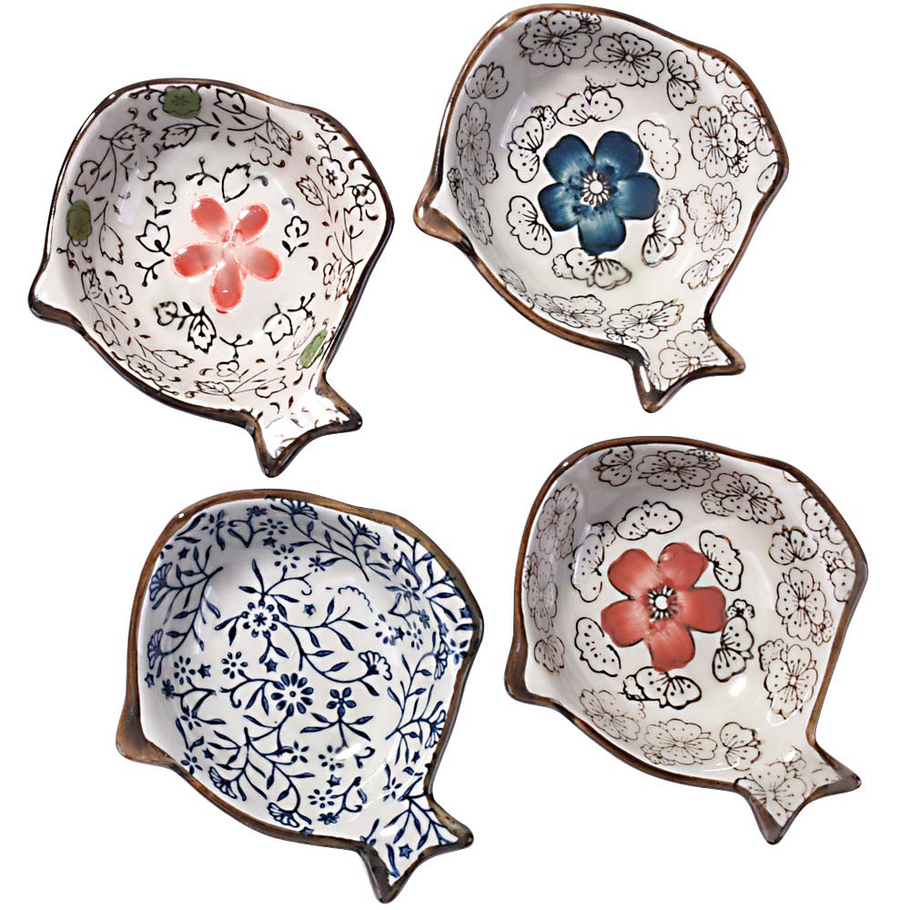 Japanese Soy Sauce Dish Set of 4 Fish Shaped Ceramic Sushi Dishes Dipping Bowls