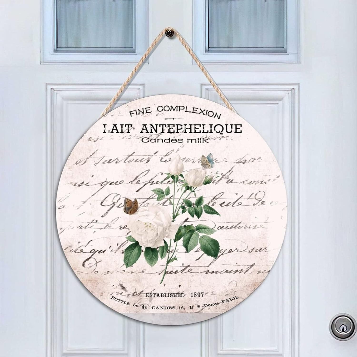 French Vintage Flower Wood Door Sign, Vintage Front Door Sign, 16x16in Rustic Wall Door Hanging Sign for Front Door Farmhouse Porch Housewarming Gifts