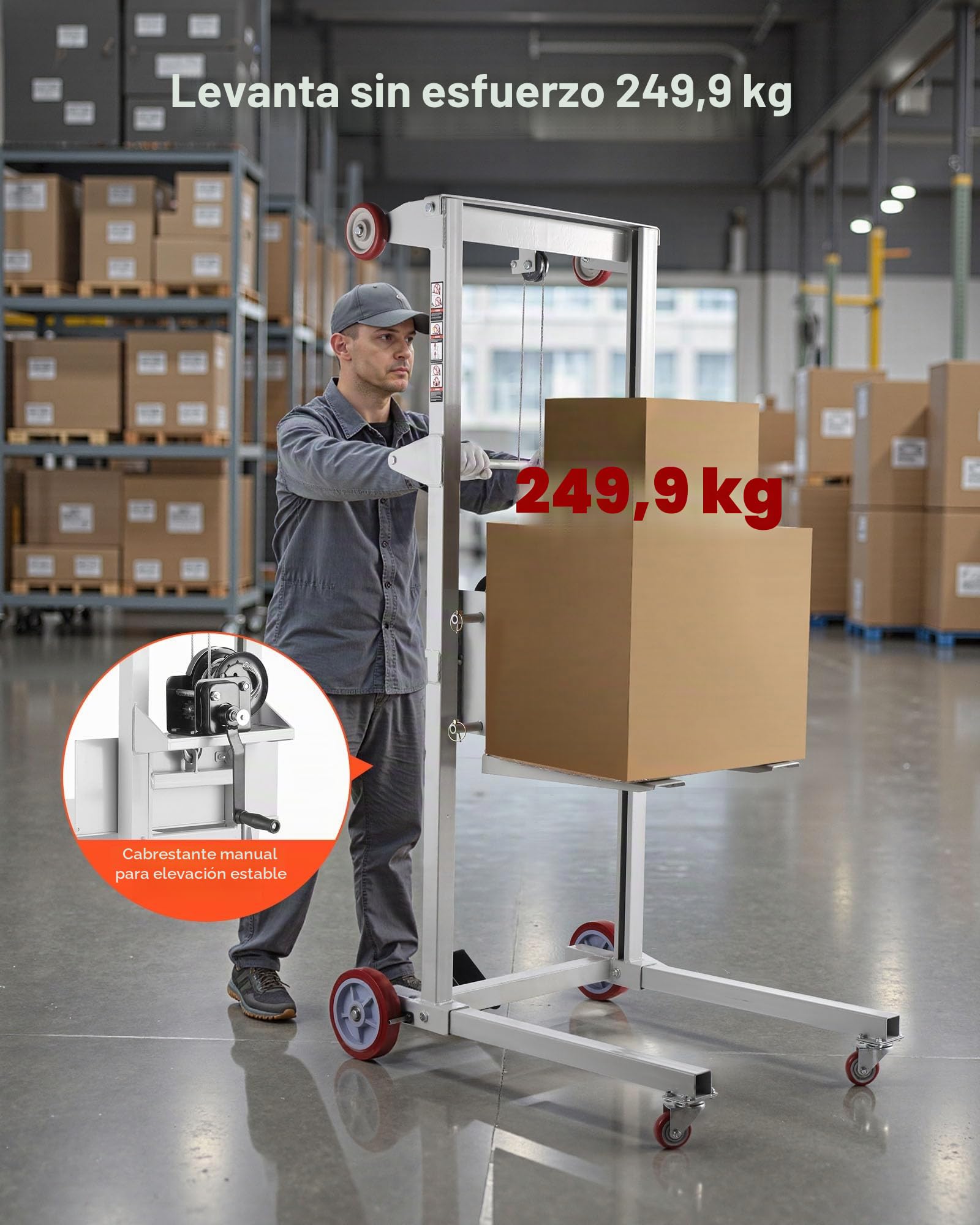 VEVOR Apilador con Cabrestante Manual de Elevación de Materiales con Ruedas Giratorias y Horquilla Ajustable, Plataforma para Transpaletas Capacidad de 249,93 kg, Altura de Elevación Máxima de 1780mm