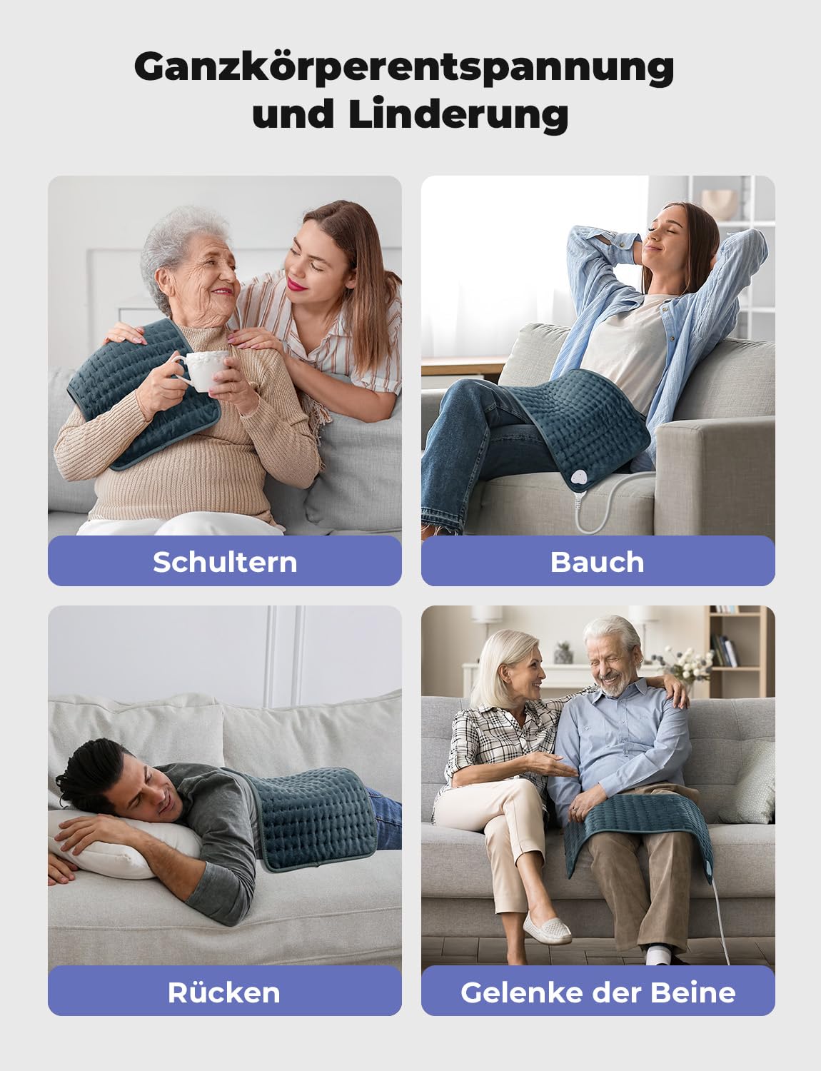 Heizkissen 30x60 cm Wärmekissen mit Abschaltautomatik und 4 Timer-Optionen und 6 Temperaturstufen Schnellheizung&Maschinenwaschbare für Nacken Schultern Oberschenkel Blaugrau
