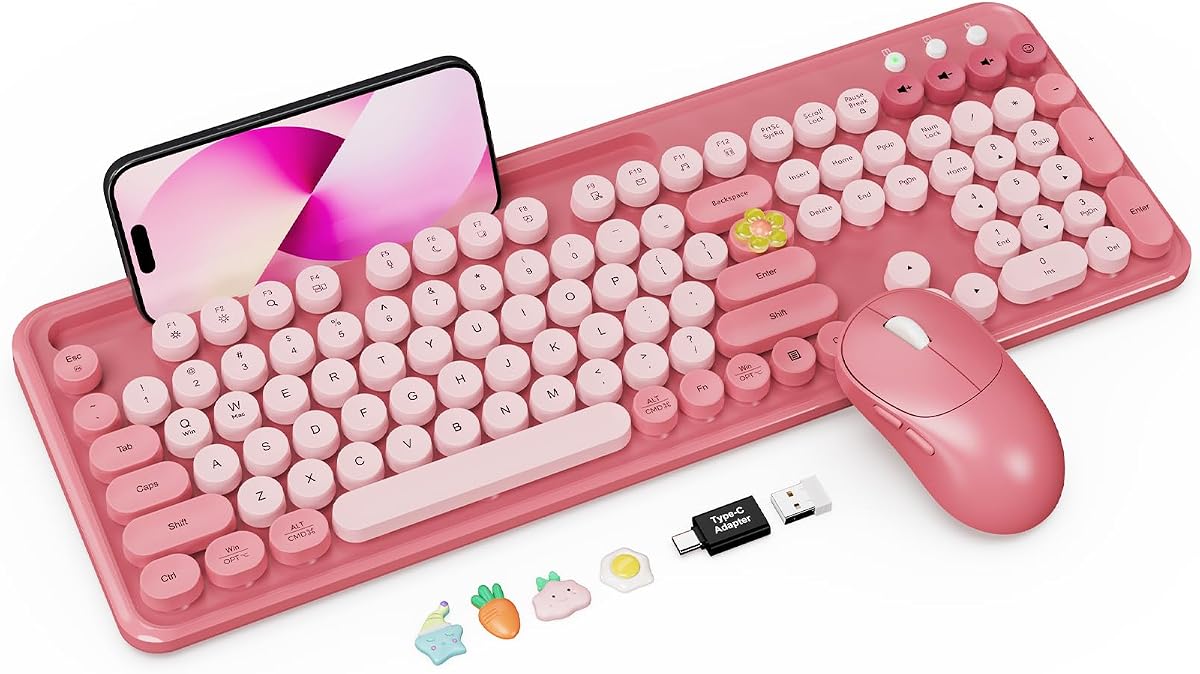 Wireless Keyboard and Mouse Combo, Rose, Round Keycaps, Phone/Tablet Holder | Full-size keyboard, typewriter-style design, 3-level DPI mouse, auto sleep, 2.4GHz for Mac Windows PC laptop, Trueque CK13