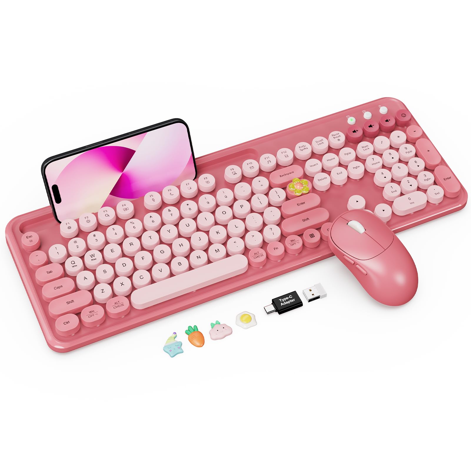 Photo 1 of Wireless Keyboard and Mouse Combo, Cute Full-Size Typewriter-Style Keyboard, Retro Round Keycaps, Phone/Tablet Holder, 3-Level DPI Mouse, 2.4GHz Cordless for Mac Windows PC Laptop, Trueque CK13, Rose