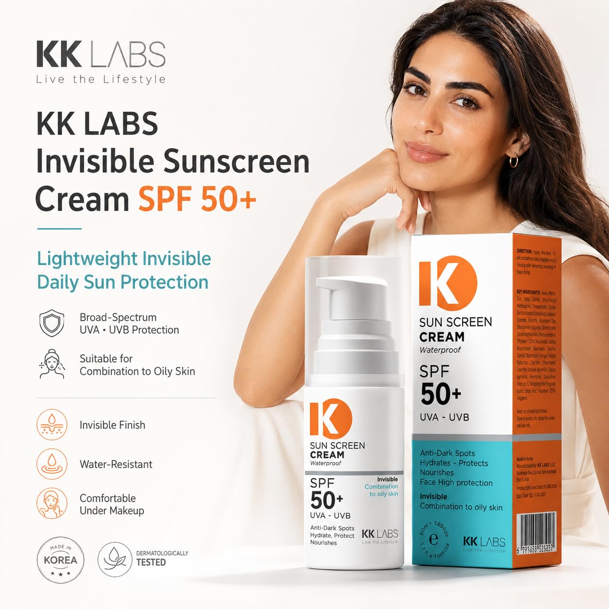 KK Labs Invisible Sun Cream for Combination to Oily Skin 50ml - Lightweight Daily Facial Sunscreen with a Weightless, No-White-Cast, Matte Finish for Shine-Prone Skin, Men and Women