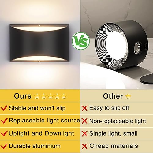 Miniatura 8 de Tipace Aplique de pared LED moderno negro, 2 paquetes de luces de pared para interiores con cable arriba y abajo, luz de montaje en pared para sala