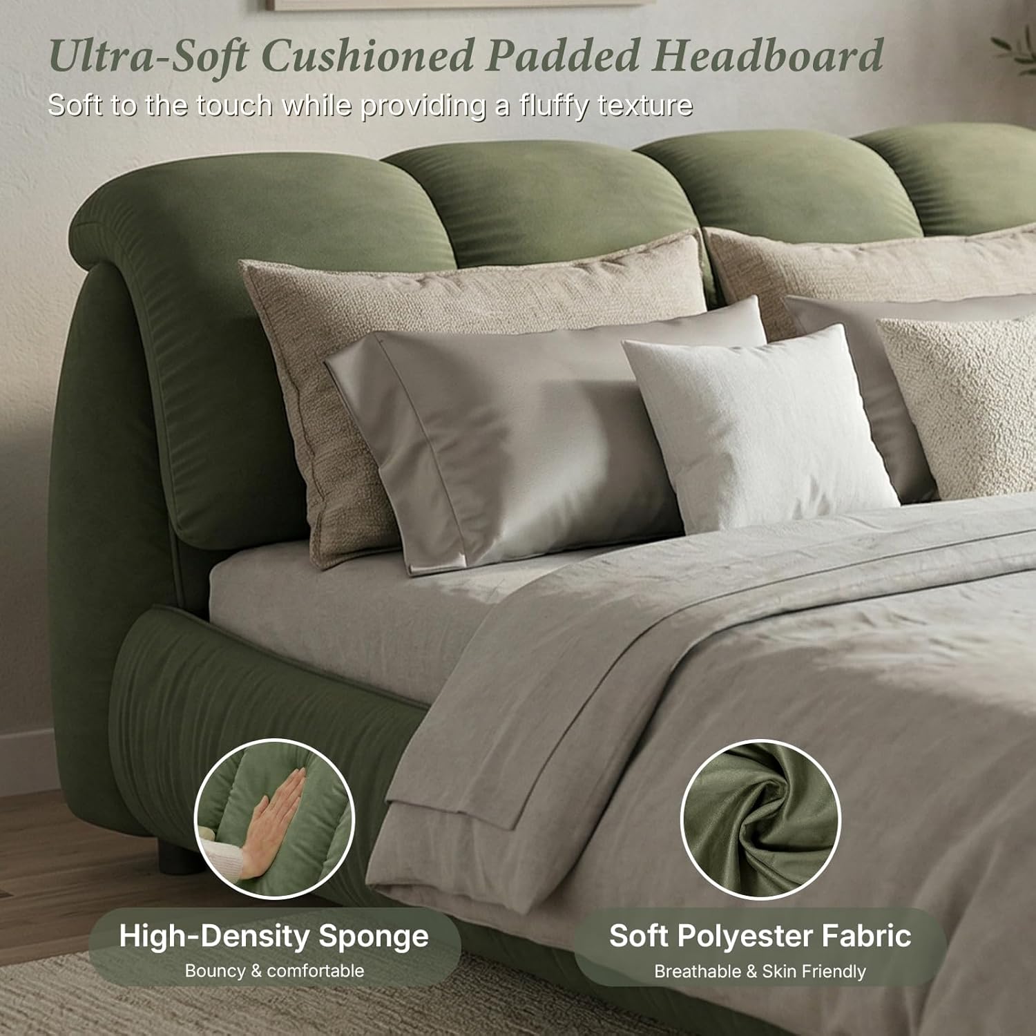King Size Cloud Bed Frame with Oversized Padded Headboard, Luxury Upholstered Low Profile Platform Bed, 20 Solid Wood Slats, 1000 lbs Support, No Box Spring Needed, Noise-Free Green | Breathable material, Padded Backrest