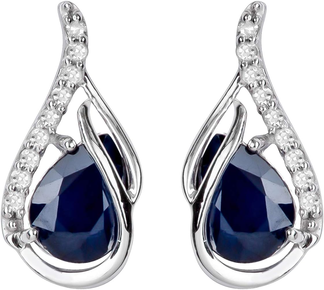 10k White Gold Genuine Pear-Shape Sapphire and Diamond Curved Halo Drop Earrings