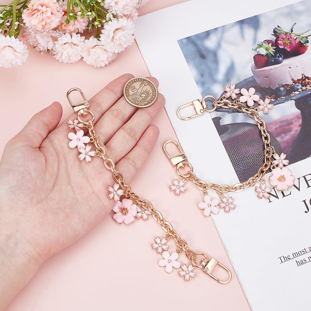 Beebeecraft 2Pcs Flower Bag Charm Chain Pink 8 Inch Short Purse Strap Extender Chain with Enamel Floral Bag Charms Replacement Swivel Clasps Decoration for Crossbody Shoulder Handle Wallet Bag - Image 3