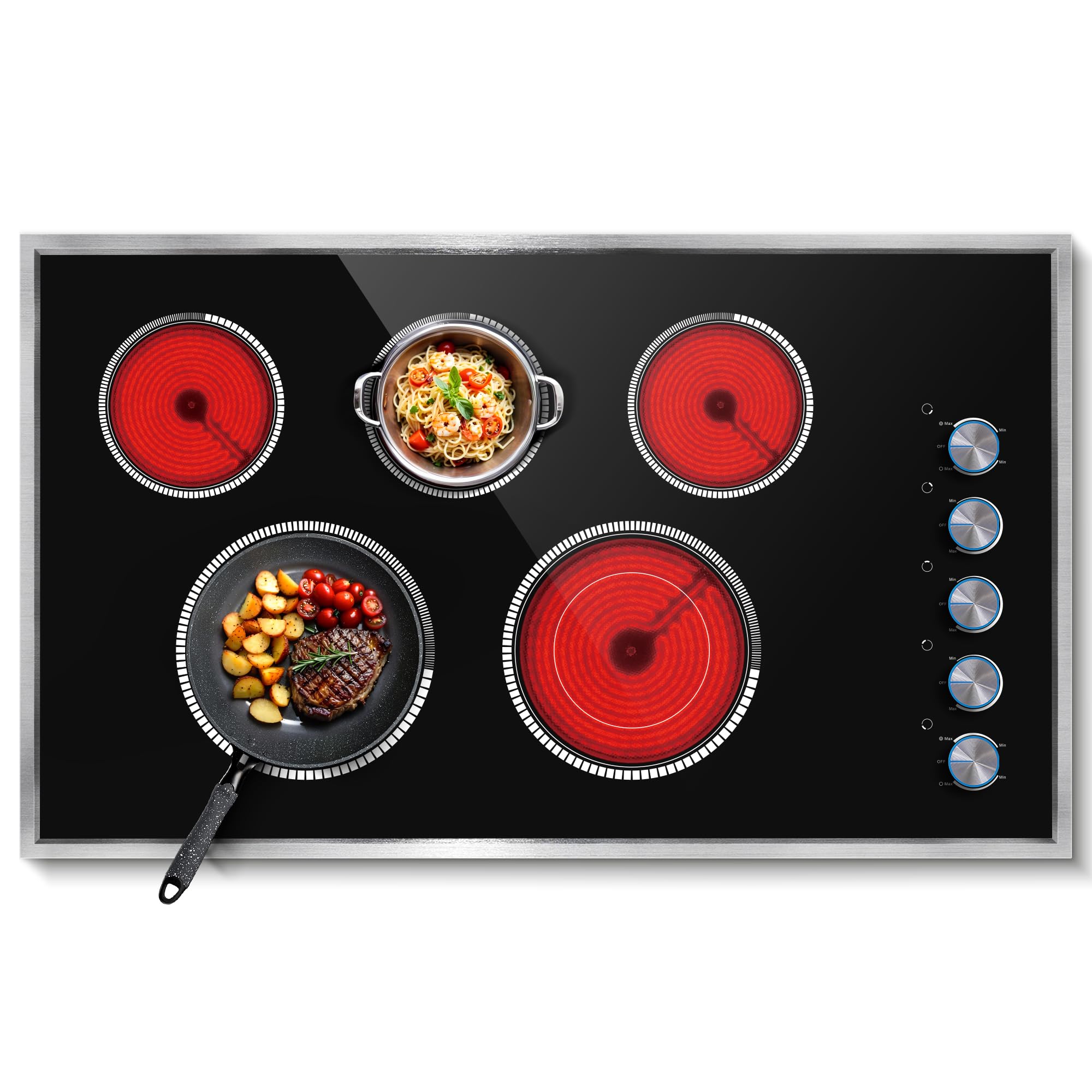 36 Inch Electric Cooktop, 5 Burner Electric Stove Top 8400W, 36" Ceramic Stove with Knob Control, Over-Temperature Protection, Dual Ring Zone, 220-240V Hard Wired (No Plug)