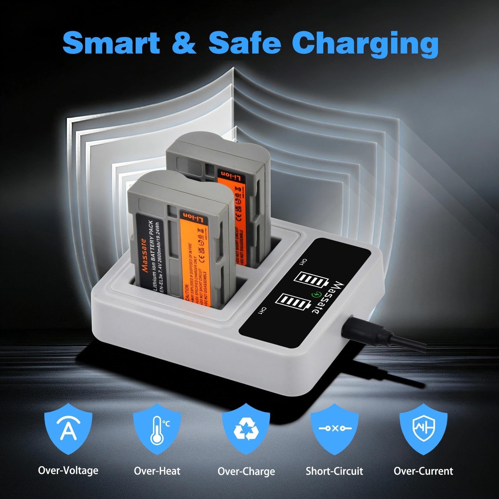 Pack de 2 baterías EN-EL3e de 2600 mAh + cargador rápido LED PD20W. Carga completa en 2,5 horas, batería EN-EL3e para cámaras réflex digitales Nikon D50 D70 D80 D90 D100 D200 D300 D300S D700