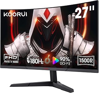 KOORUI Curved 27 Inch Gaming Monitor, Full HD 1080p R1500 180Hz VA Curved Monitors, 99% sRGB, Built-in AdaptiveSync, 1 x Display Port 1.2 & 2 x HDMI 2.0, Eye Care, VESA Compatible, Black 27E6CA