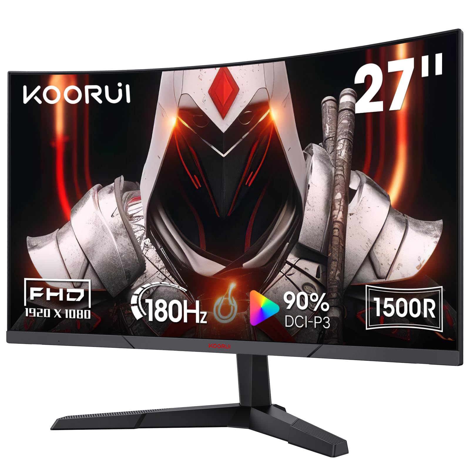 KOORUI Curved 27 Inch Gaming Monitor, Full HD 1080p R1500 180Hz VA Curved Monitors, 99% sRGB, Built-in AdaptiveSync, 1 x Display Port 1.2 & 2 x HDMI 2.0, Eye Care, VESA Compatible, Black 27E6CA