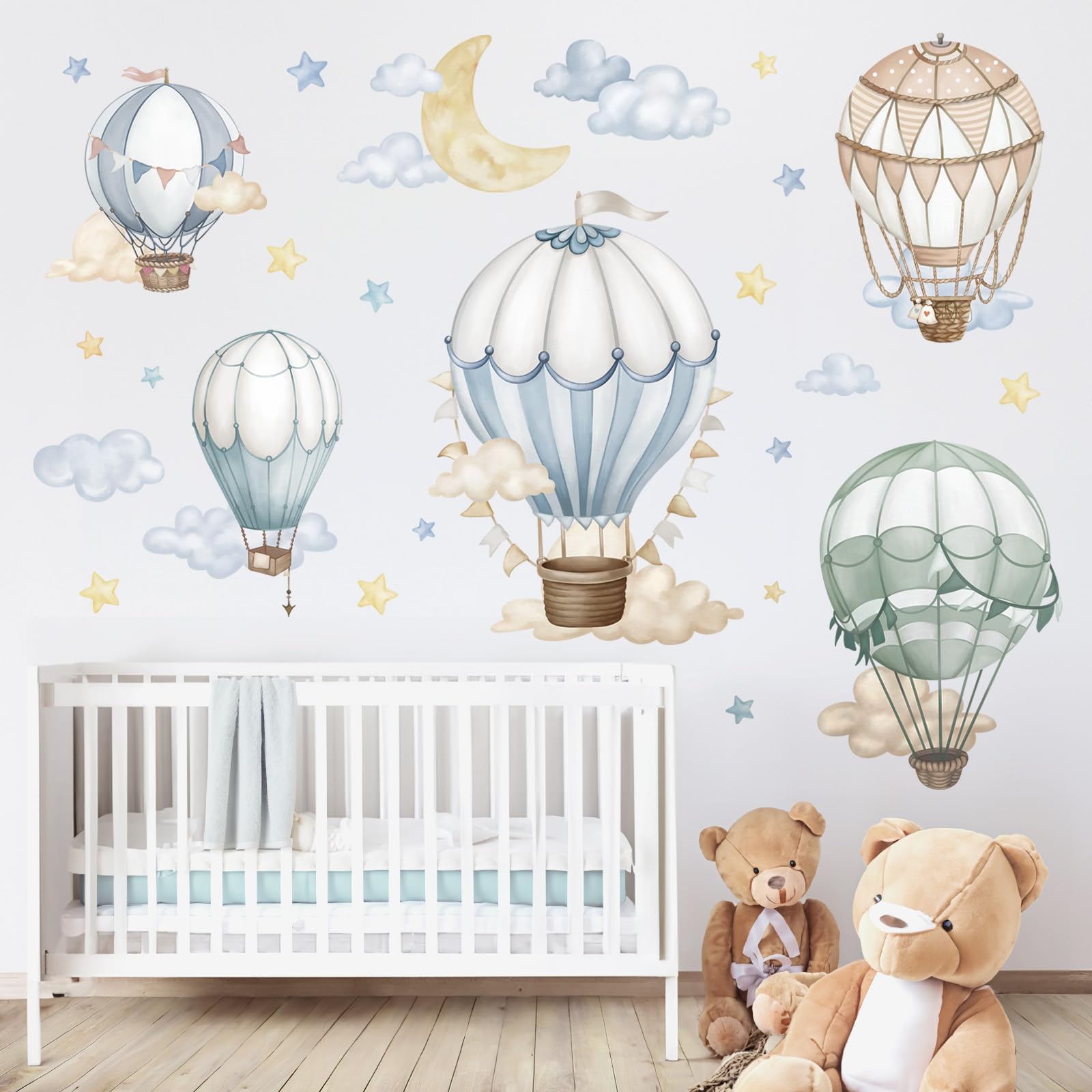 Watercolor Hot Air Balloon Wall Stickers Star Moon Cloud Balloons Peel and Stick Wall Art Decals for Baby Nursery Kids Bedroom