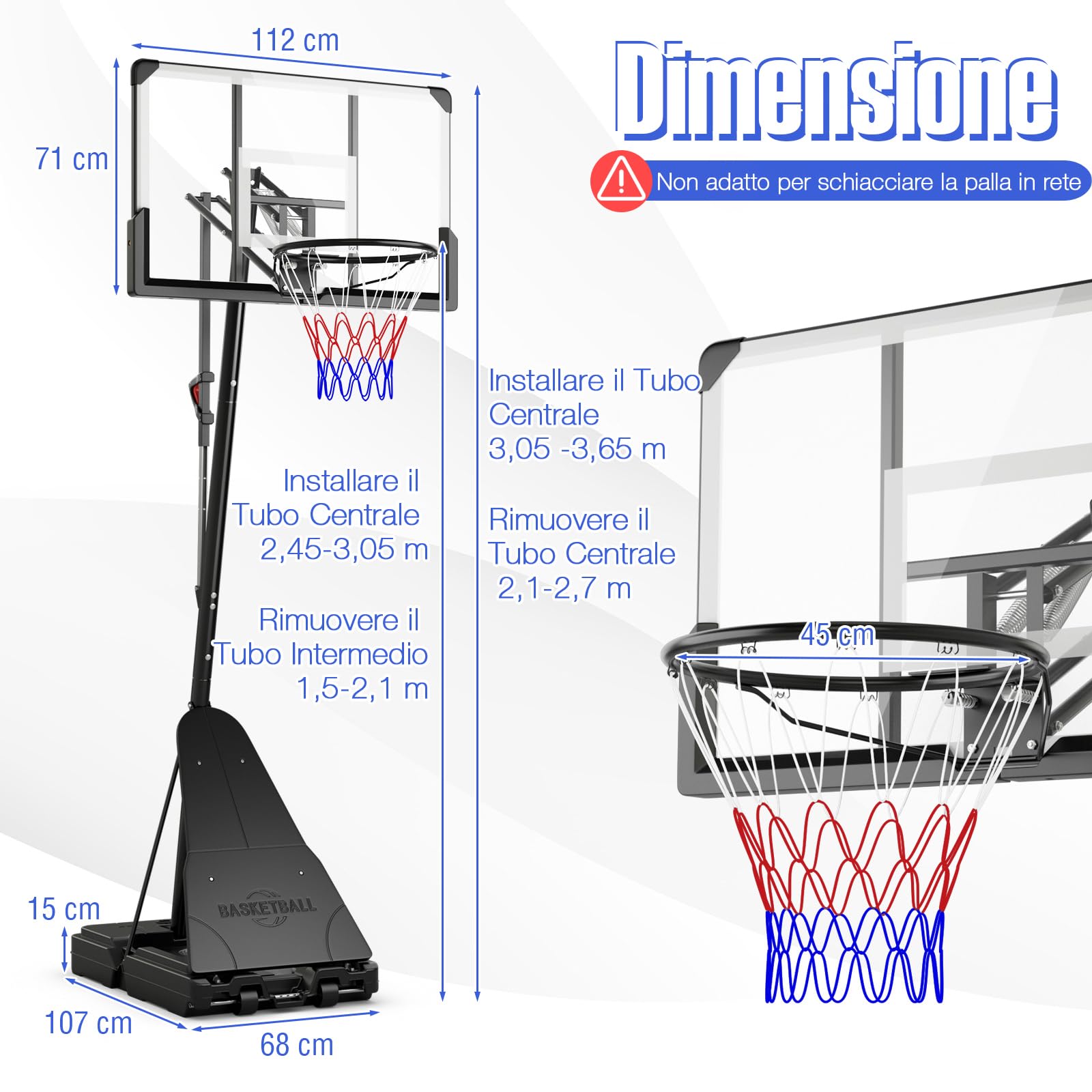GYMAX Sistema di Canestro da Basket da Interno ed Esterno, Canestro Basket con Tabellone in PC Antirottura Infrangibile 112 Cm, Base Riempibile e Ruote, Canestro Regolabile in Altezza da 1,5-3,05 m