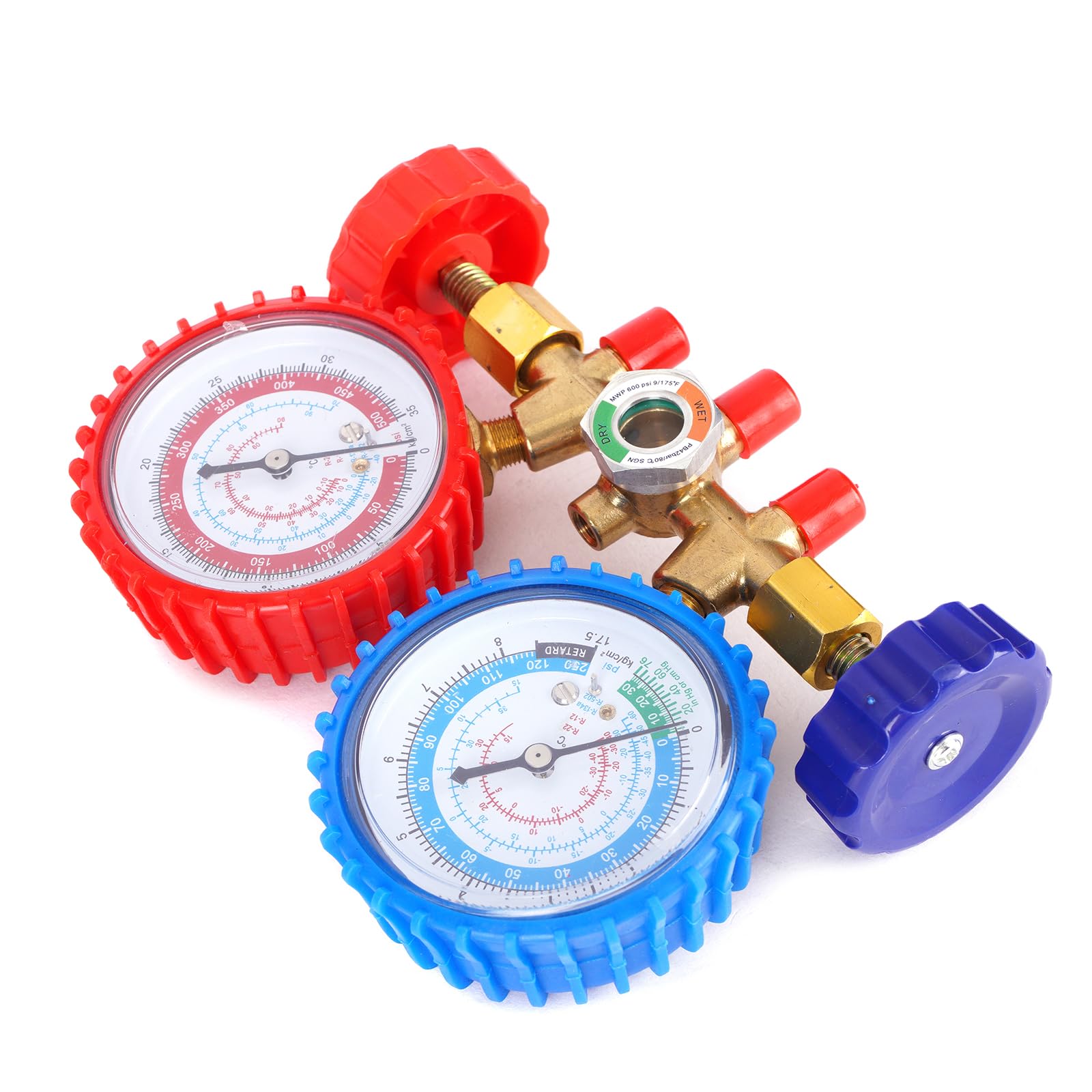 MPLUS AC Gauges, AC Manifold Gauge Set for R134a, R-404A, R-12, R-22 Refrigerant, 3 Way Car with 4.5FT Hoses Couplers & Adapter, Puncturing & Self Sealing Can Tap Freon Charge Kit