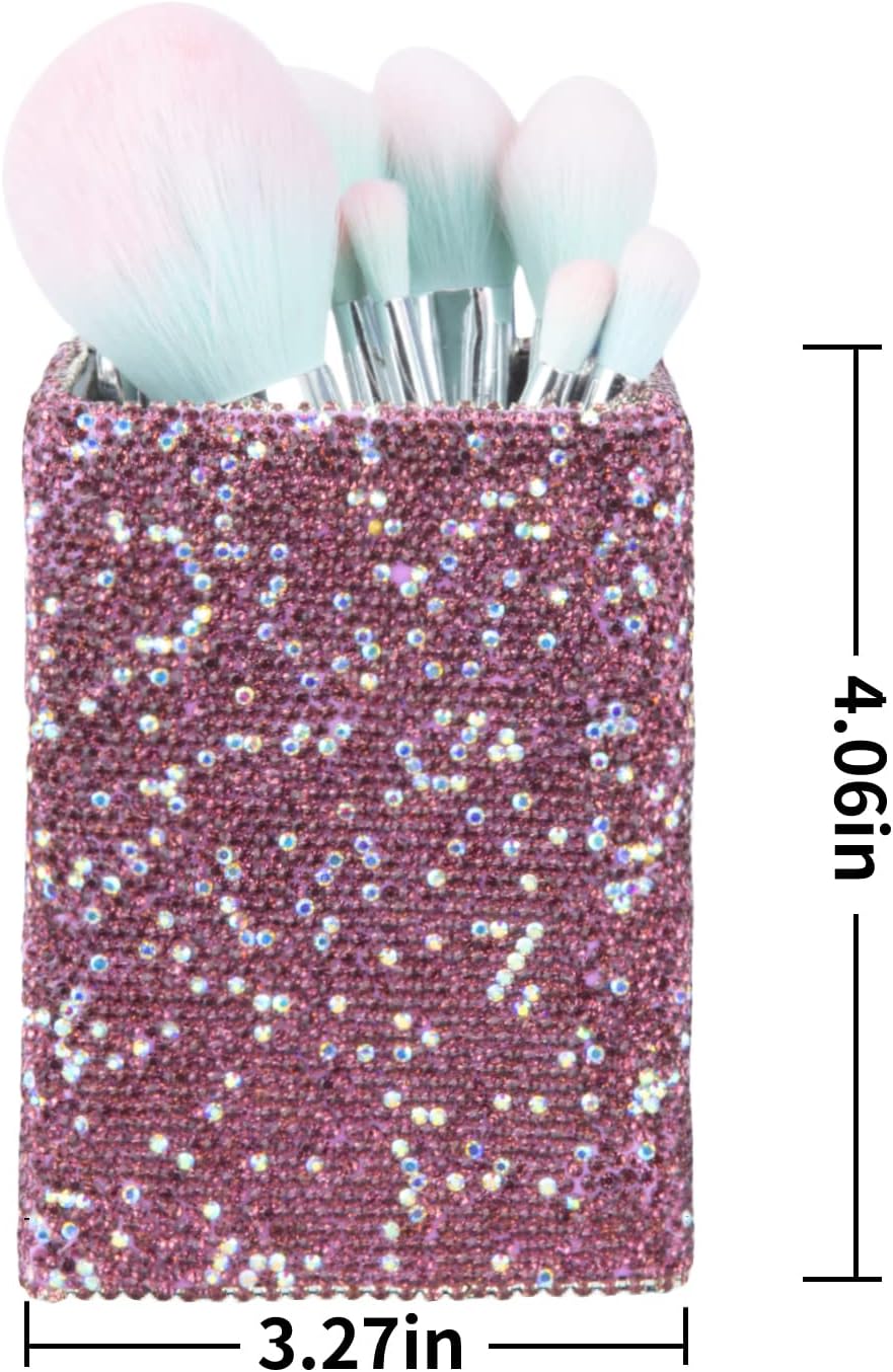 KEYPOWER Crystal Pencil Pot Holder Box Bling Rhinestone Pen Organizer Holder Cosmetic Pen Container Comb Brushes Personalized (Square Purple)