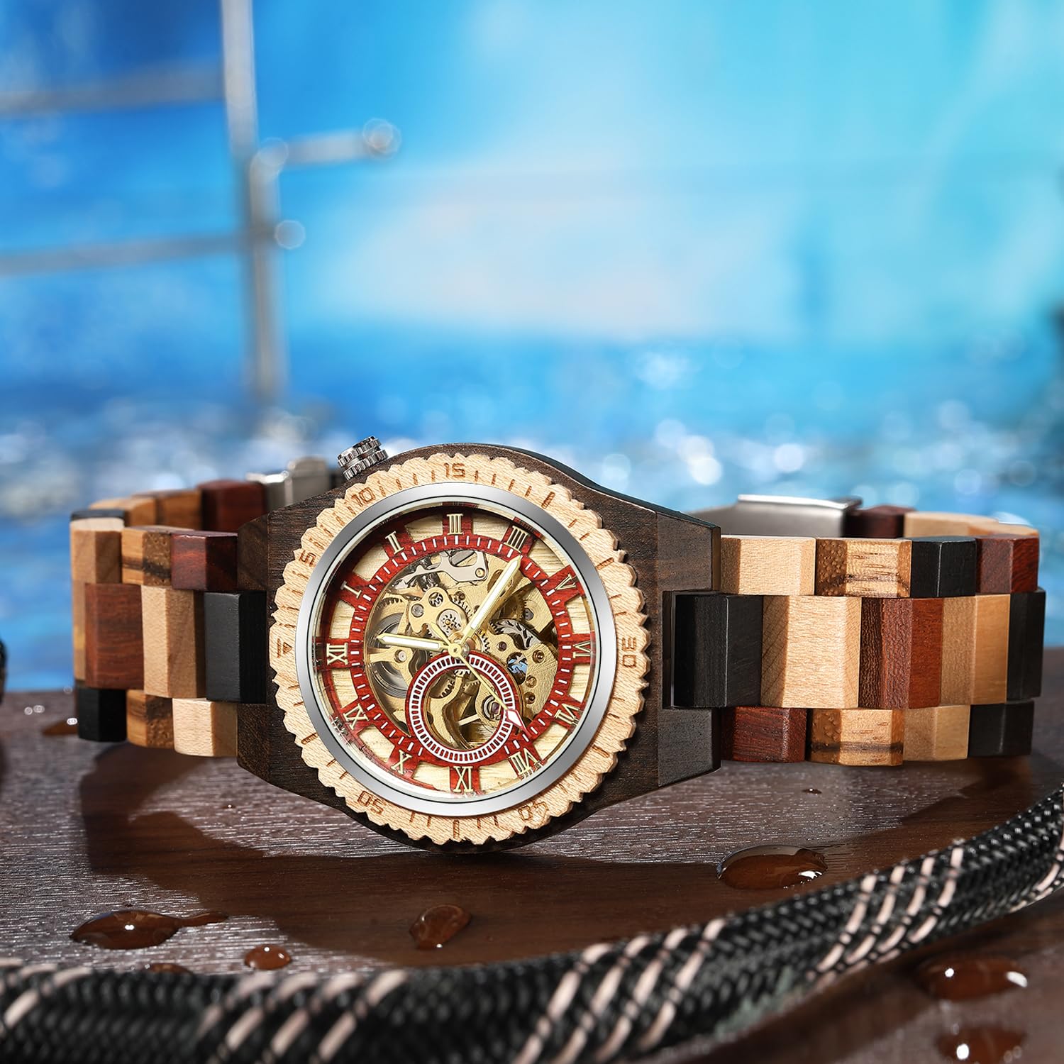 Tiong Orologio sportivo meccanico in legno, quadrante digitale cavo, cinturino in legno con lancette luminose, orologio meccanico da uomo
