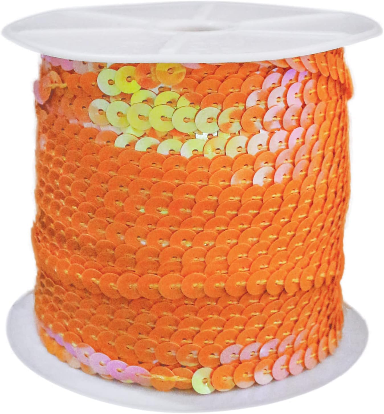 FQTANJU Orange 6mm Crafts Round Flat Sequin Strip Trim on Strings for Crafts, Fringe, and Sewing; 100 Yard Roll