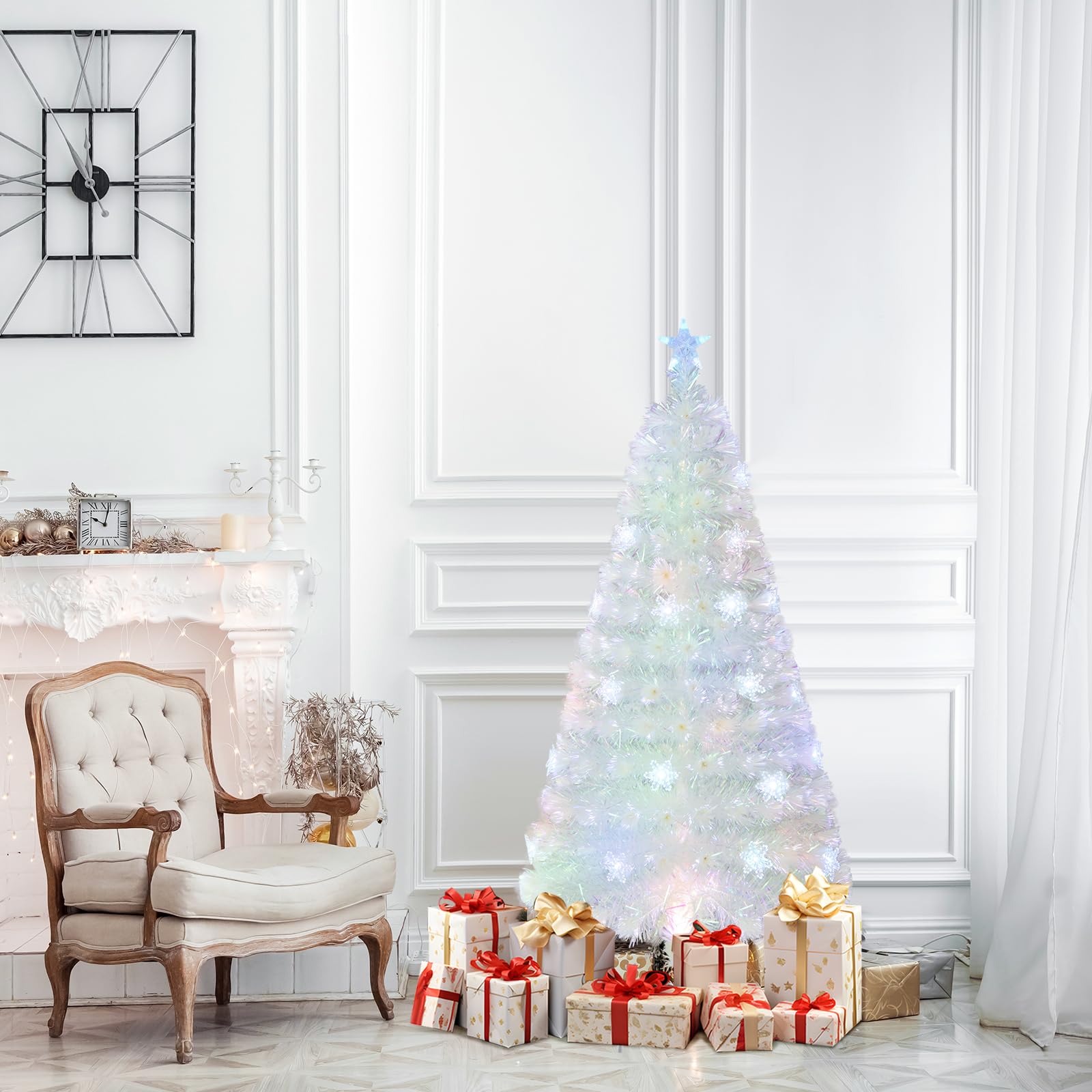 COSTWAY Sapin de Noël Artificiel à Fibre Optique Lumineux LED 120 cm, Blanc avec Feuilles Irisées, Lumières LED Flocon de Neige Multicolores, Lumière Etoilée Supérieure, pour Bureau, Maison
