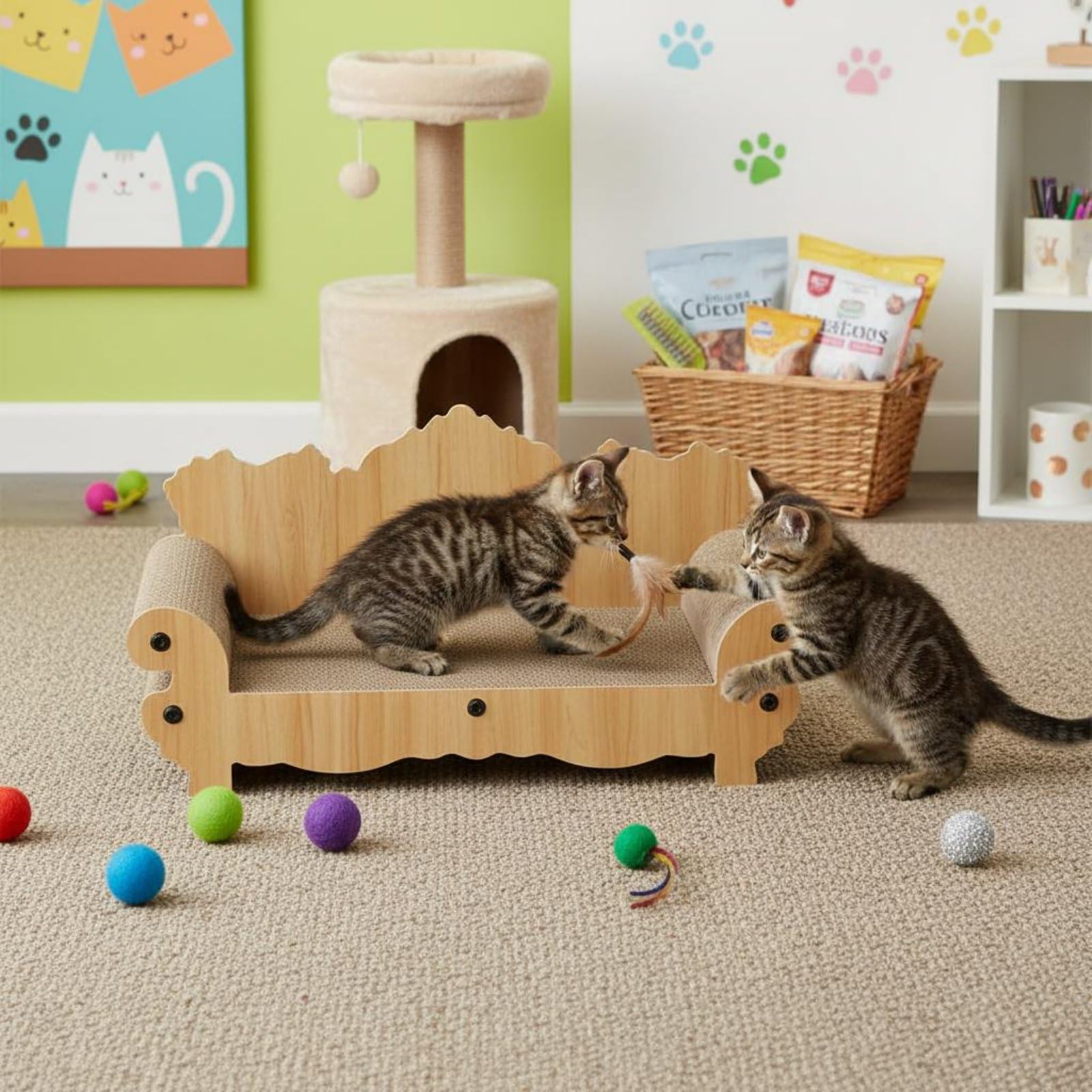 Canapé Griffoir pour Chat Griffoir Canapé Lit Meuble Sofa Courbure Anatomique pour Soutien Carton Ondulé Dense Antidébris Cadre Stable Imitation Bois, Haute Qualité