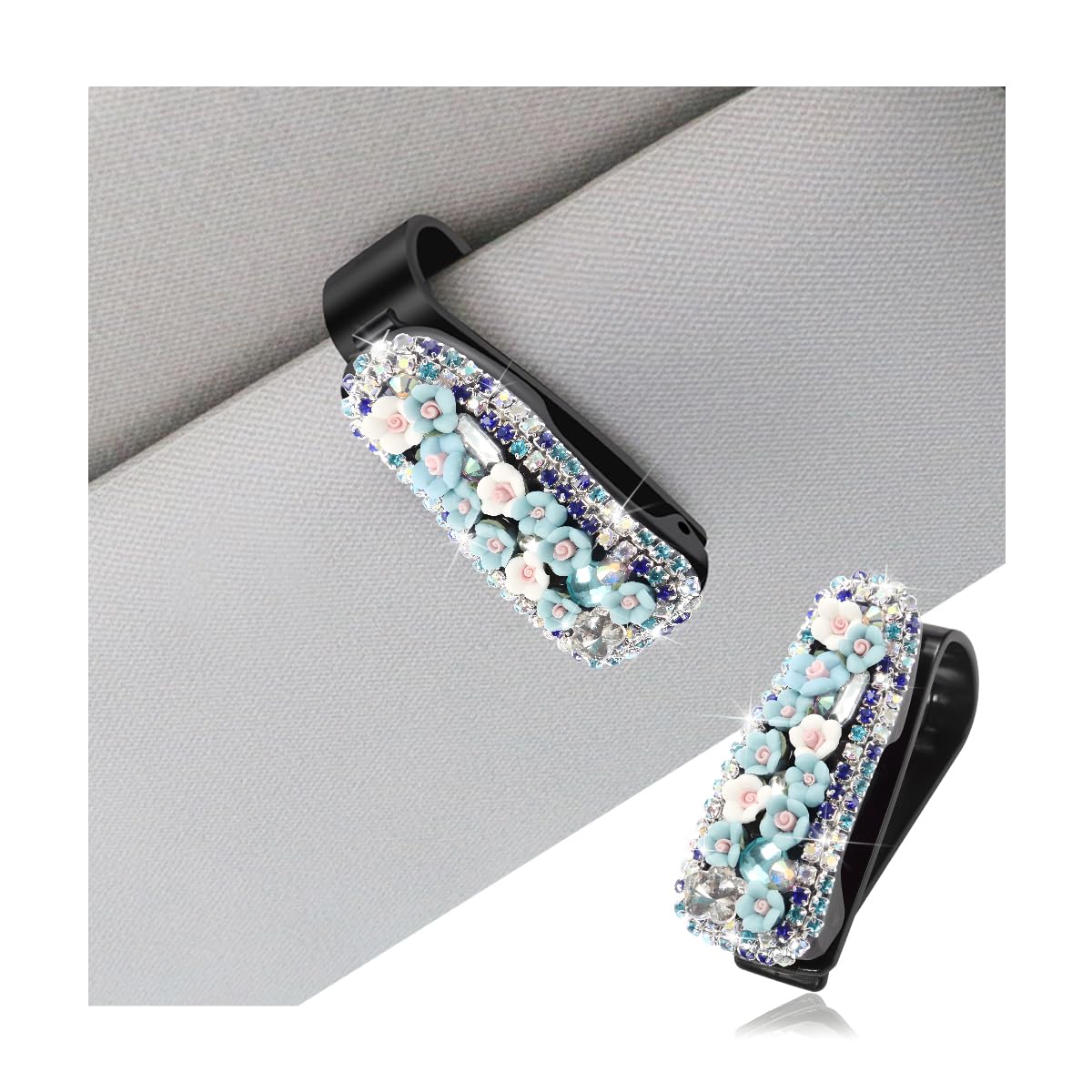 Mandark Bling Glasses Holder for Car Sun Visor, Crystal Rhinestone Vehicle Sunglasses Hanger Mount with Ticket Card Clip, Auto Eyeglasses Hanging Accessories for Women Girls, Universal Fit?Blue?